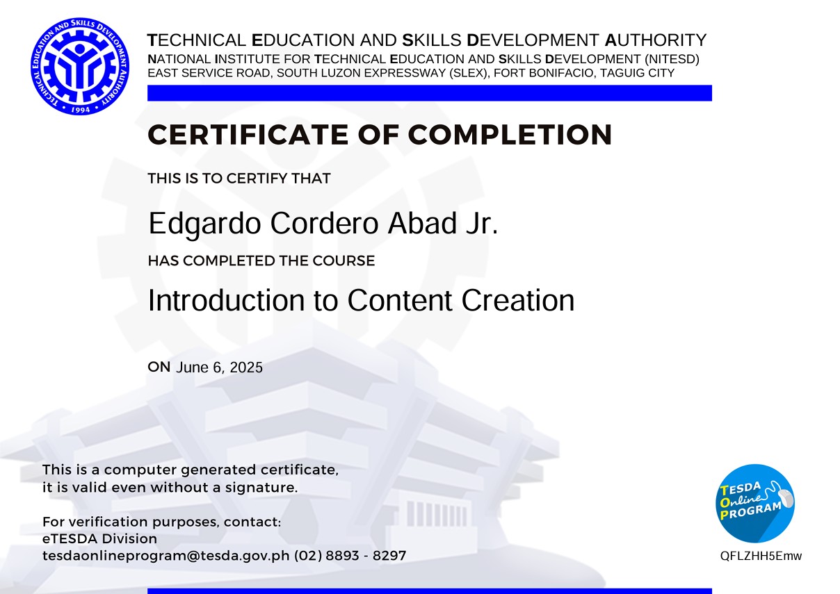 TESDA Certificate Content Creation