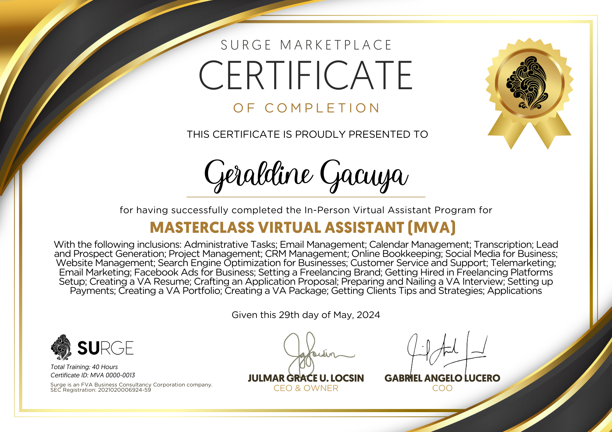 MasterClass Virtual Assistant Certificate