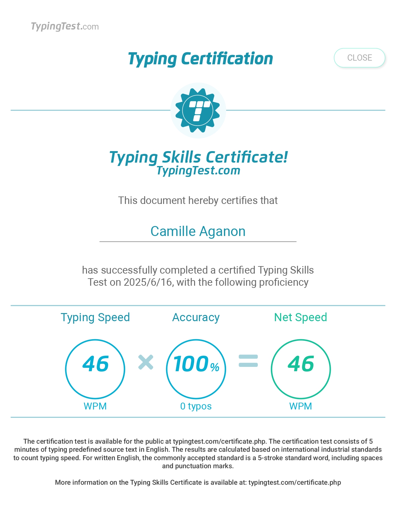 Typing Test Certificate