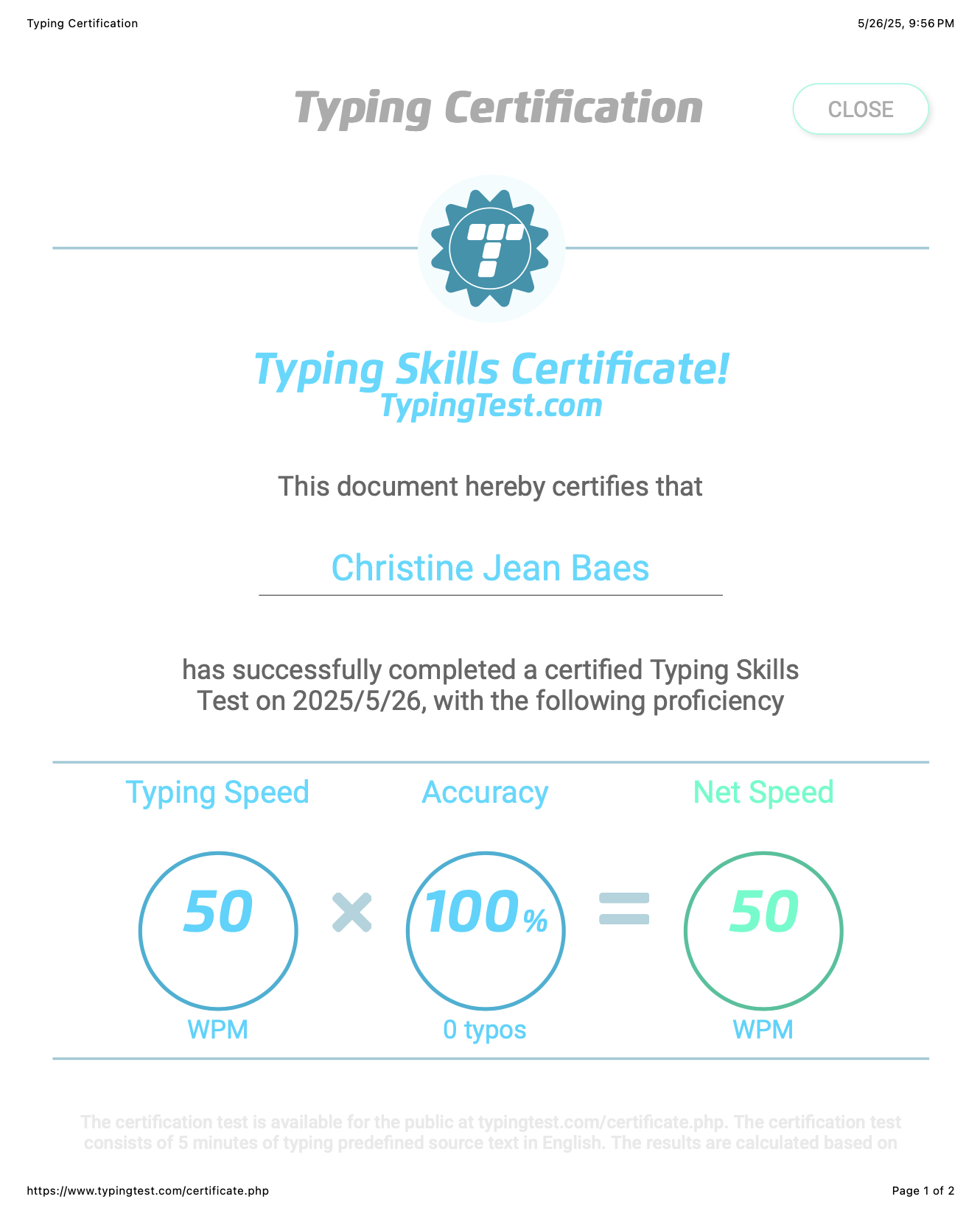 Typing Skills Certificate