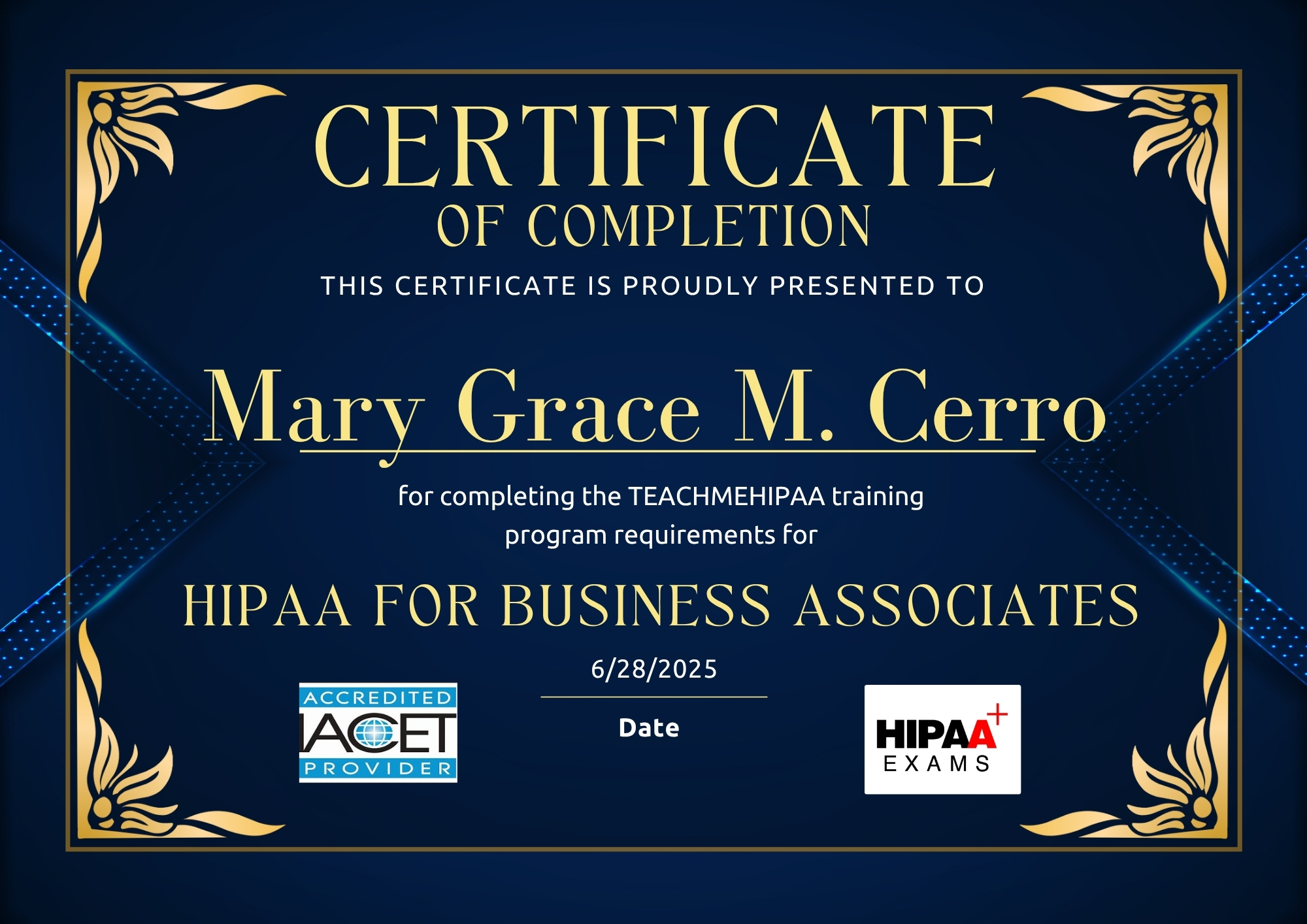 HIPAA CERTIFICATE
