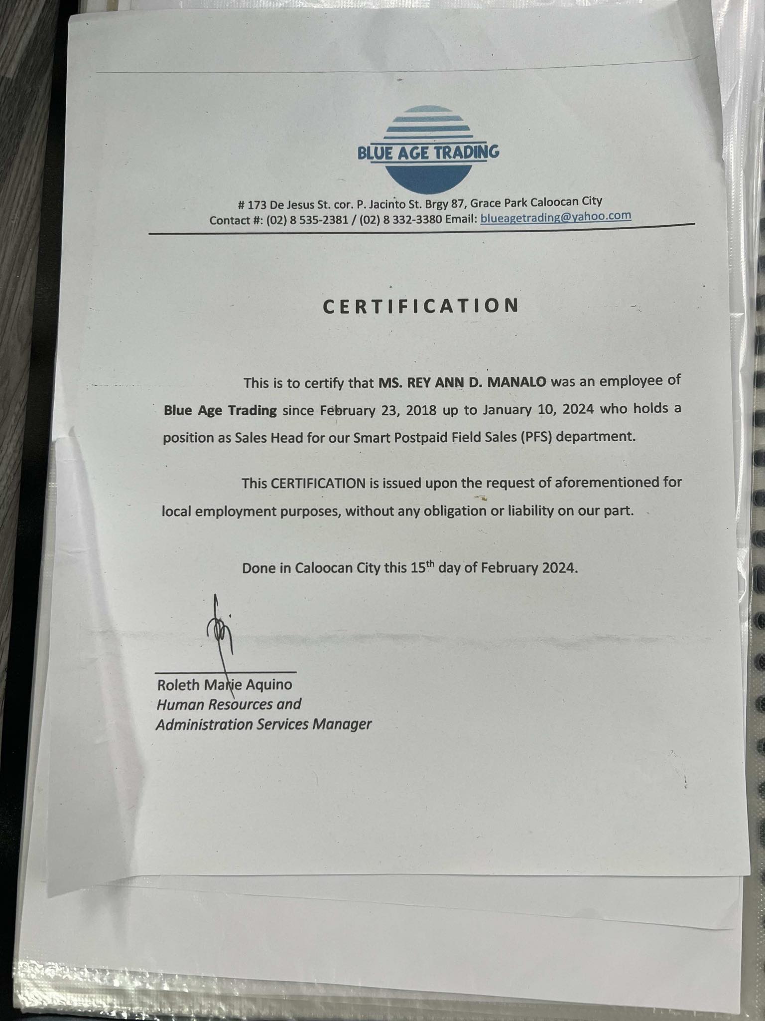 Certificate of Employment