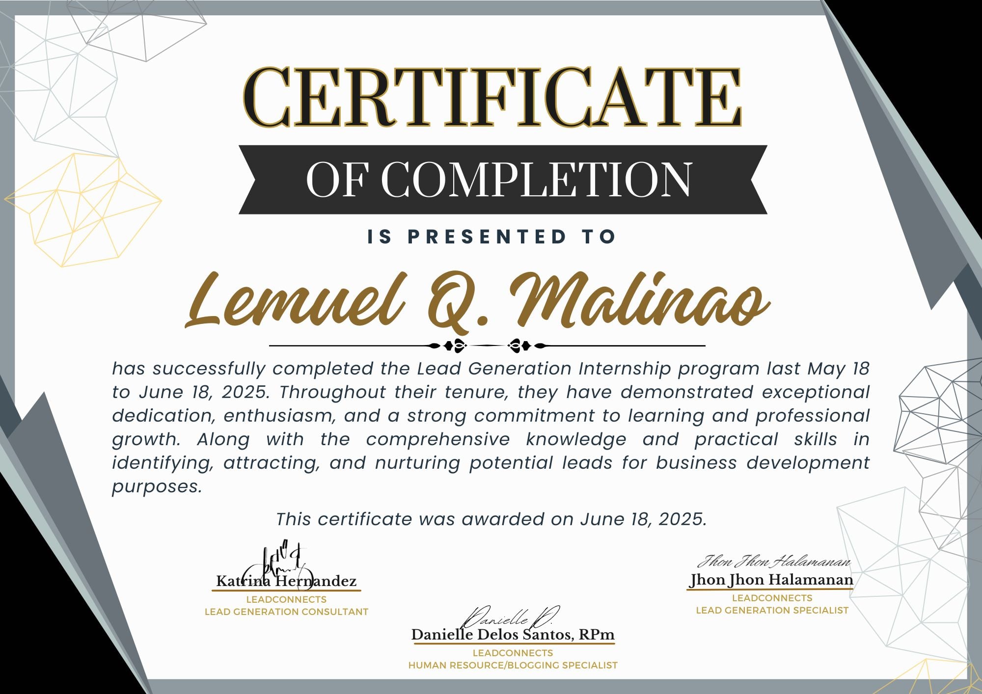 Certificate of Completion