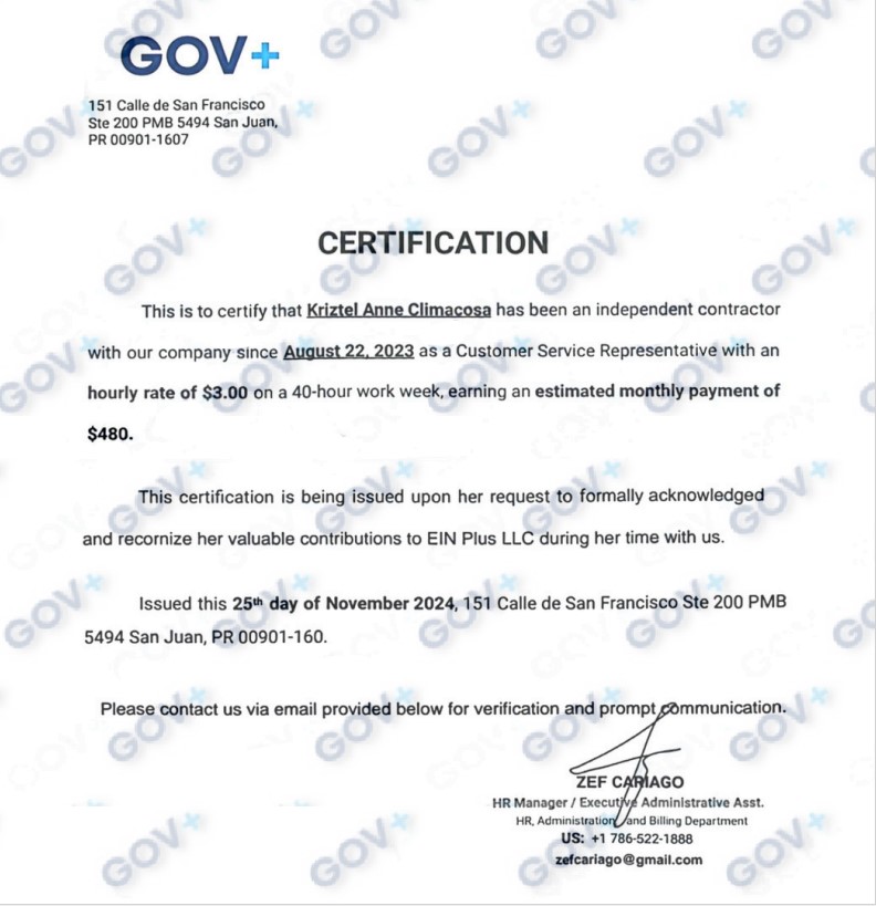 Certificate of Employment - EIN Plus LLC