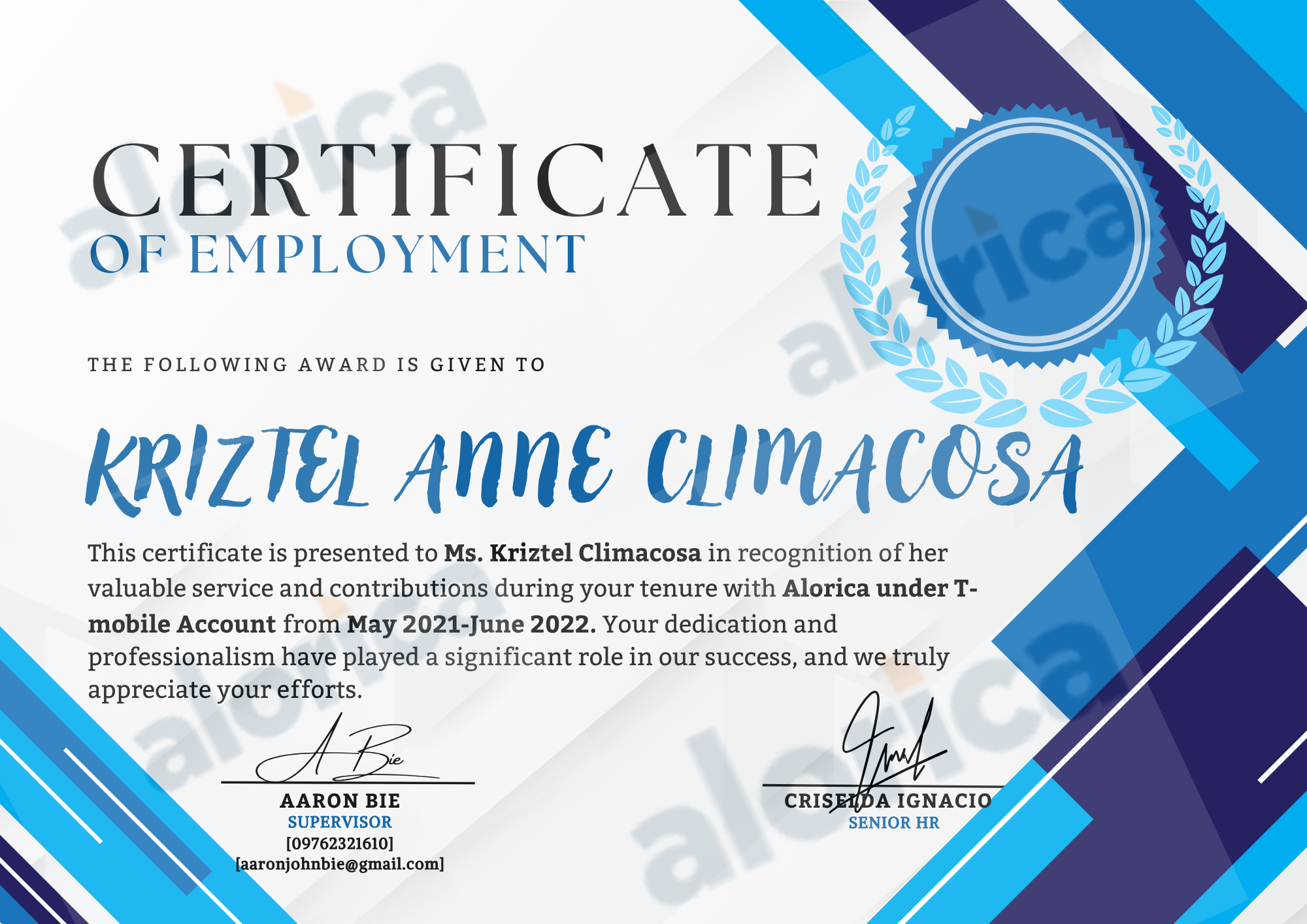Certificate of Employment - Alorica