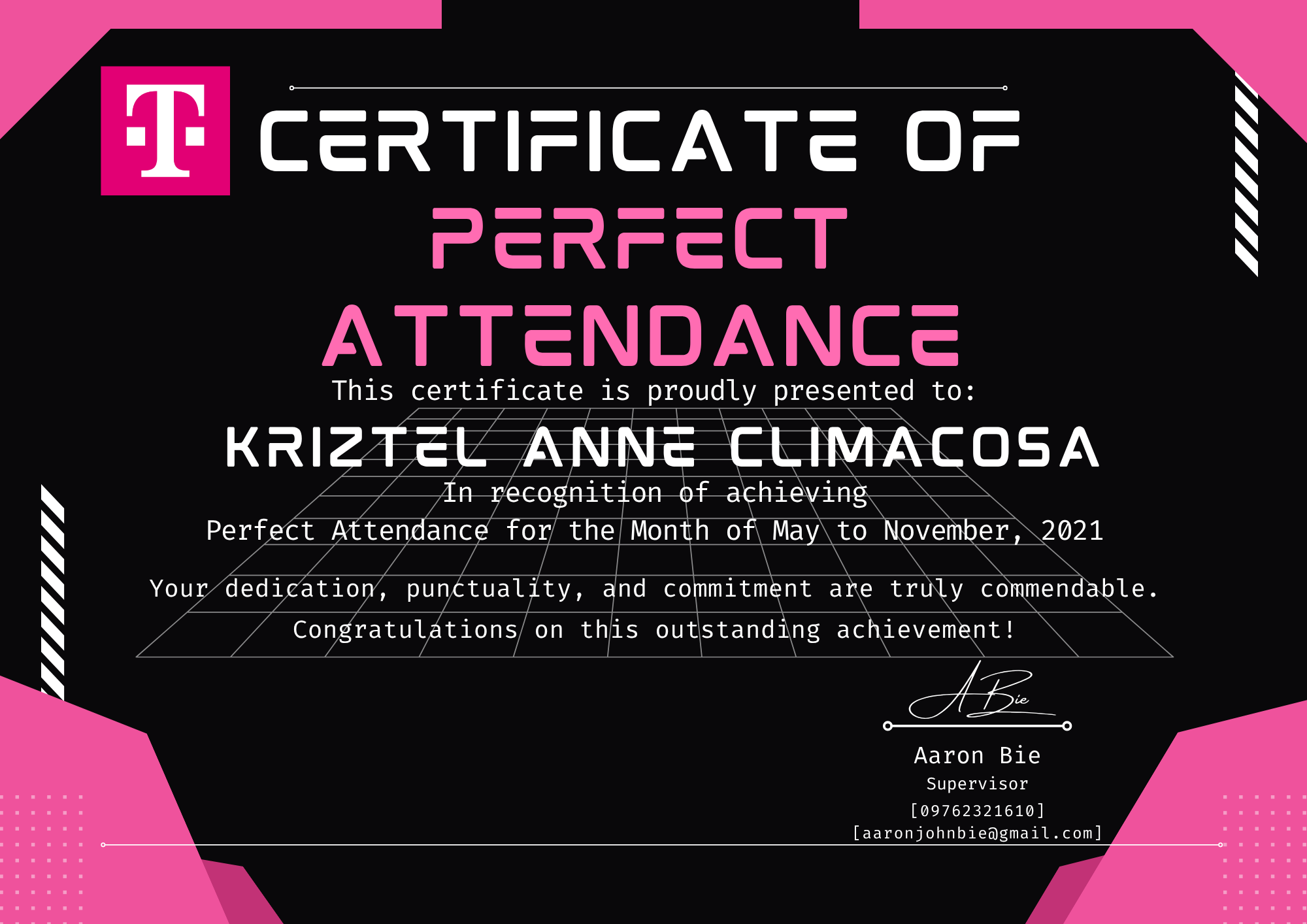 Perfect Attendance Award - TMOB