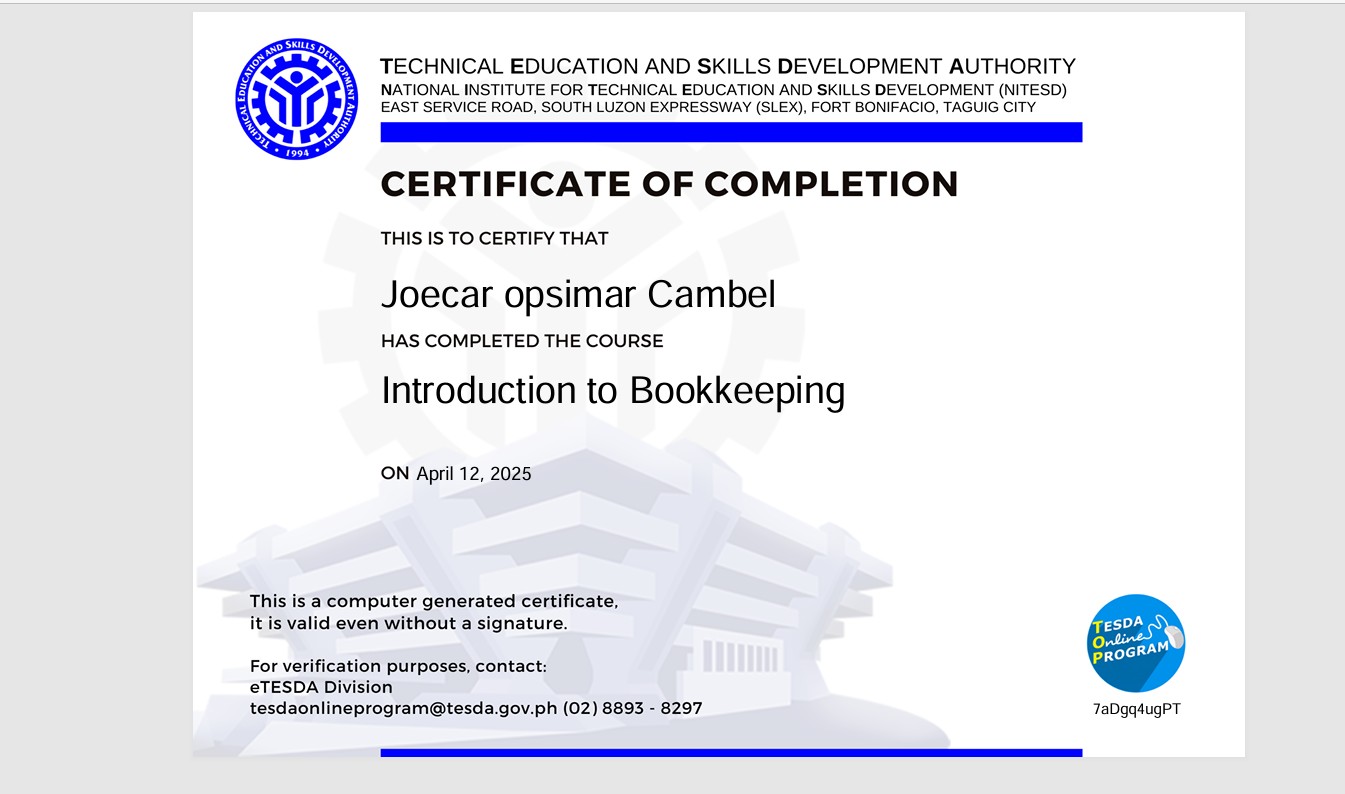 Tesda Introduction to Bookkeeping