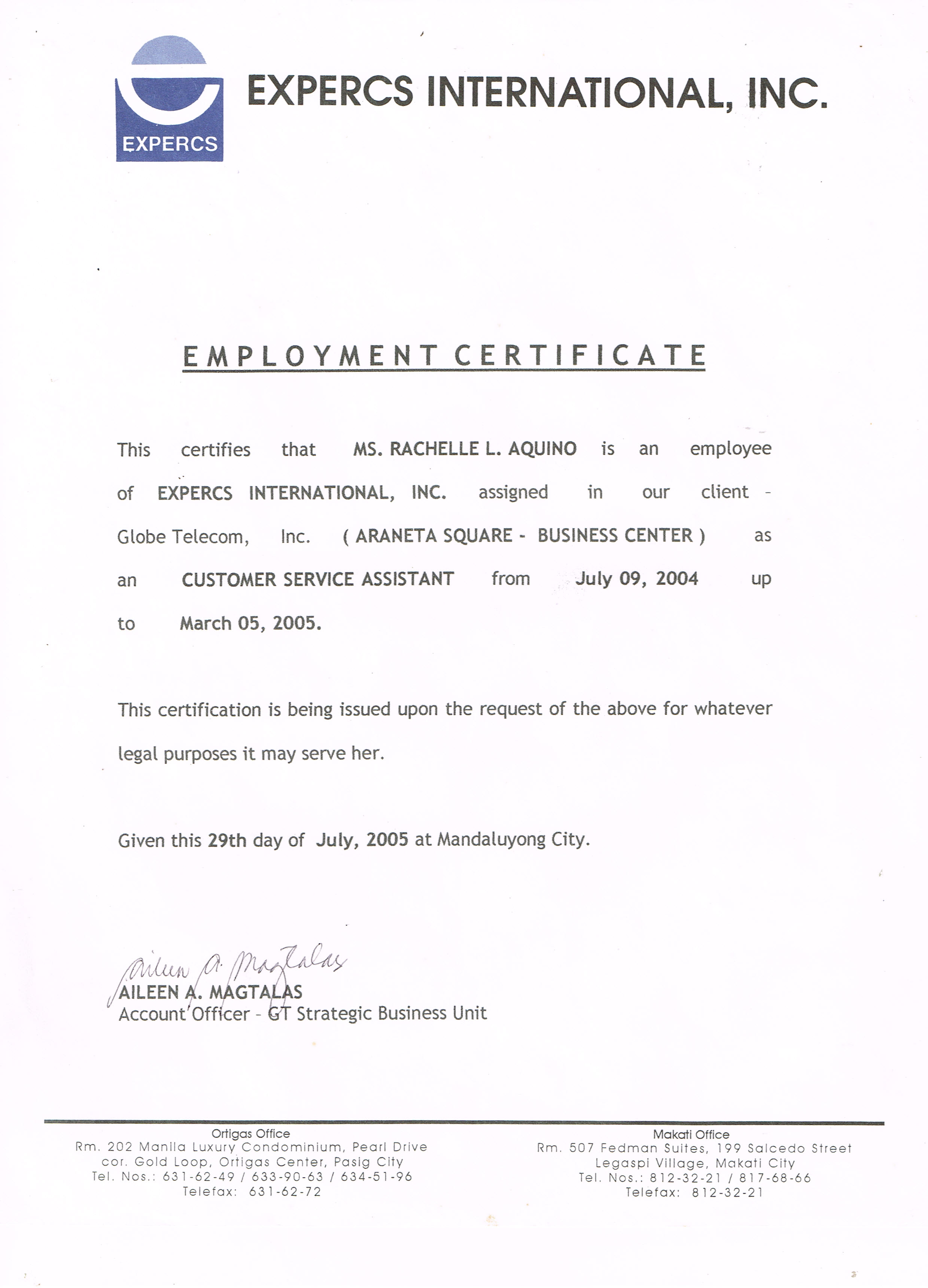 Globe Telecommunication Employment Certificate