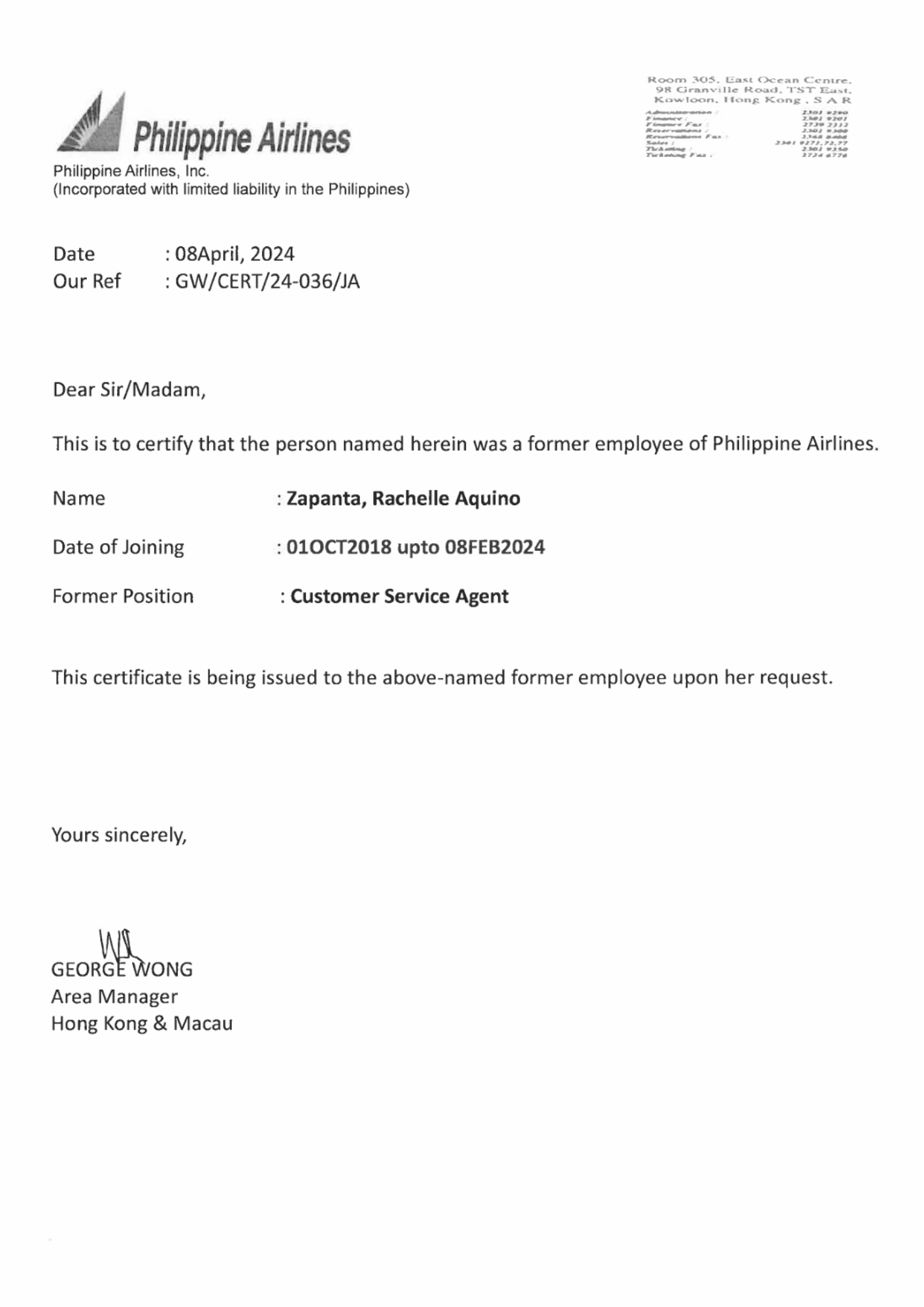Philippine Airlines Employment Certificate