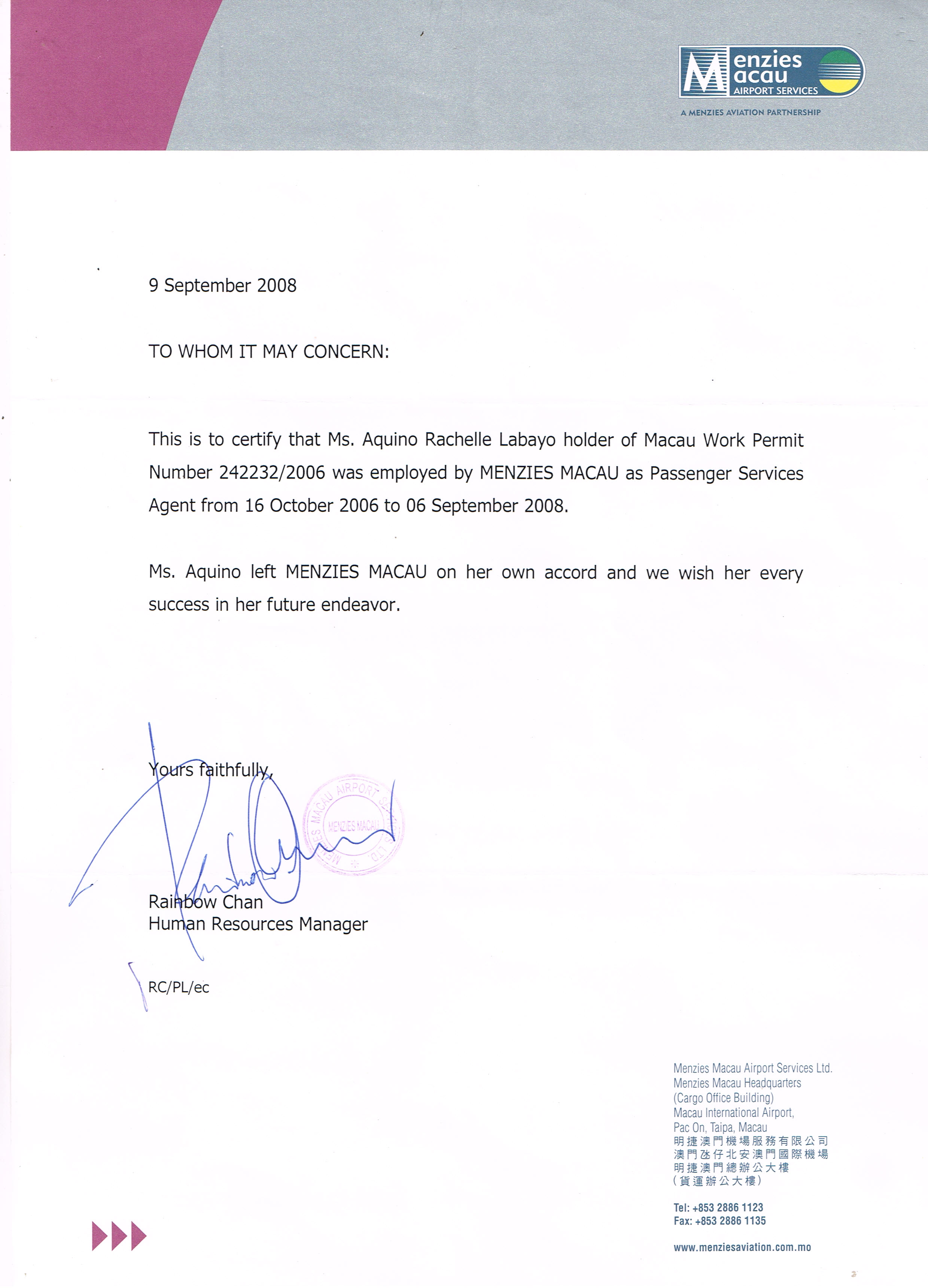 Menzies Macau International Airport_Employment Certificate