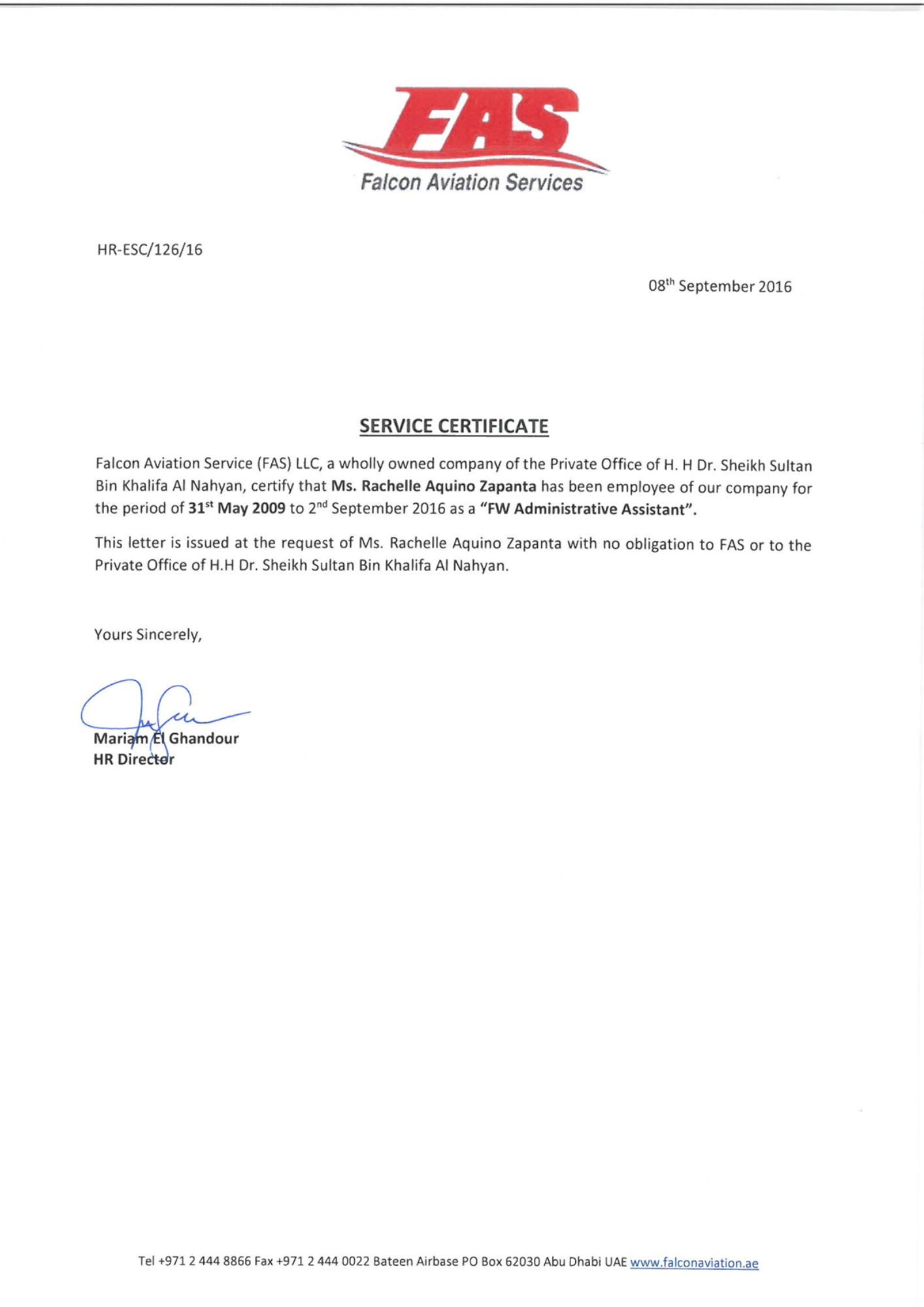 Falcon Aviation Services Employment Certificate