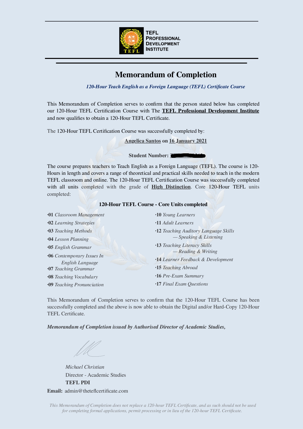 Memo of Completion - TEFL