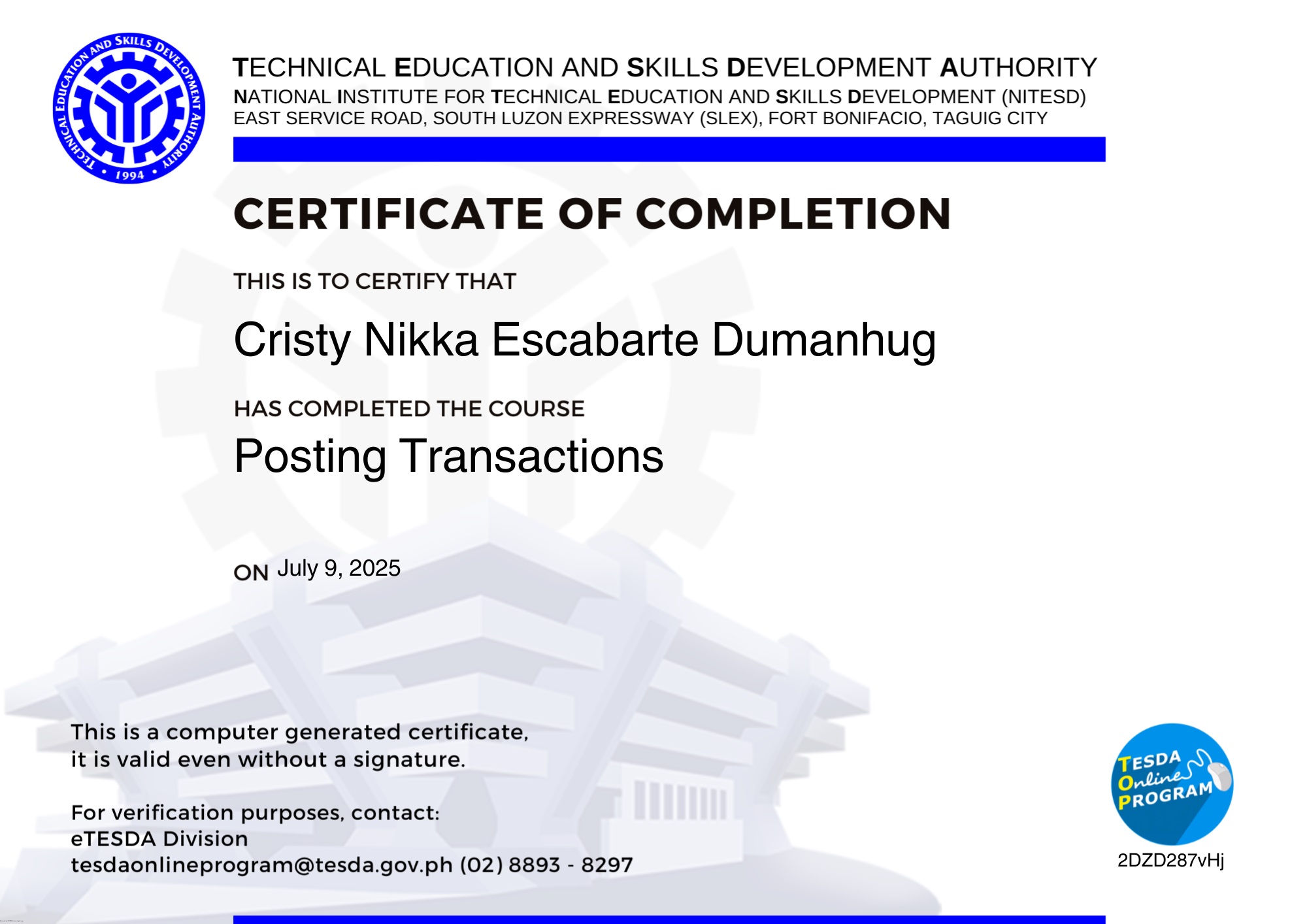 I’ve completed the TESDA Online course: Posting Transactions