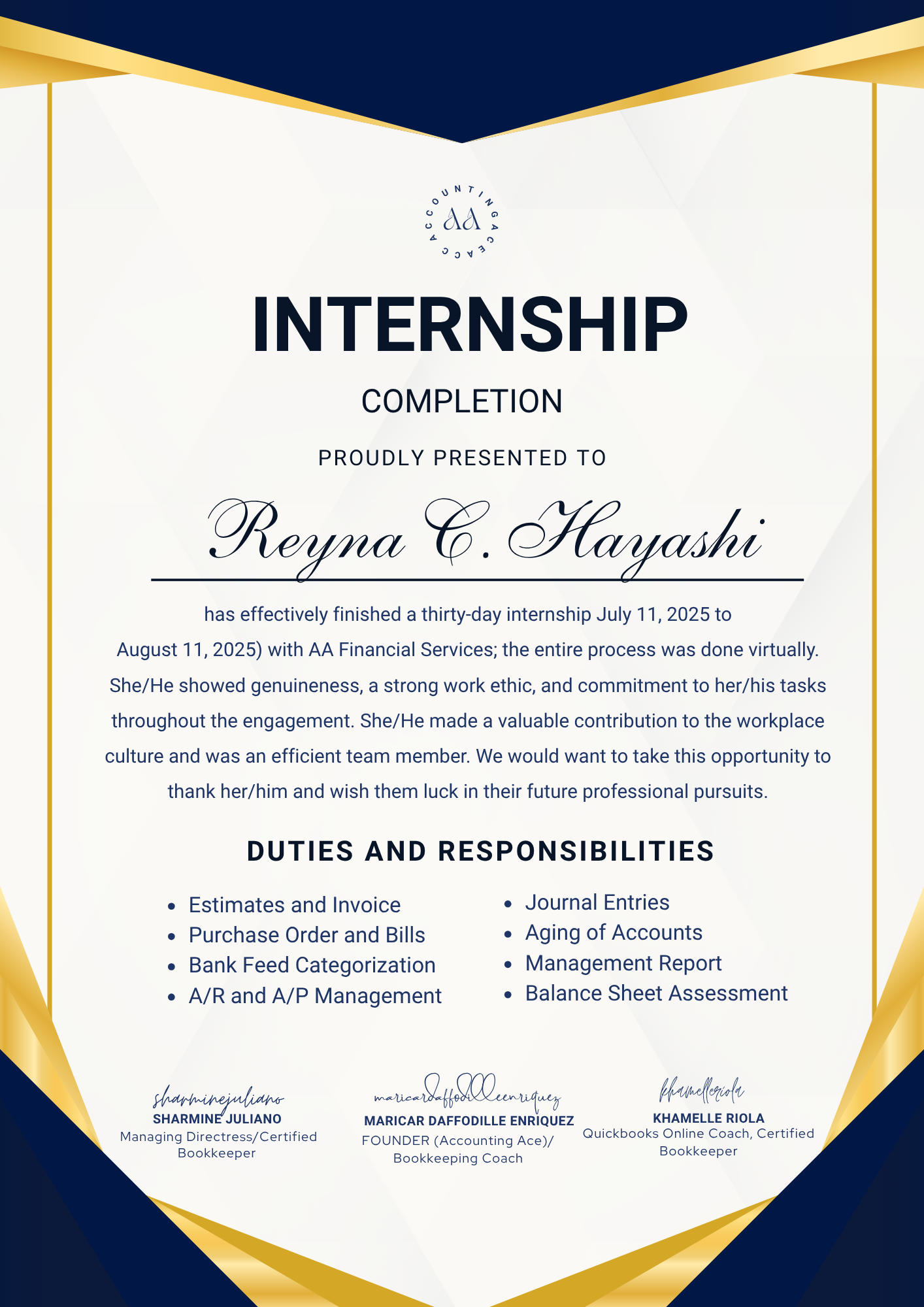 Quickbooks Internship Certificate