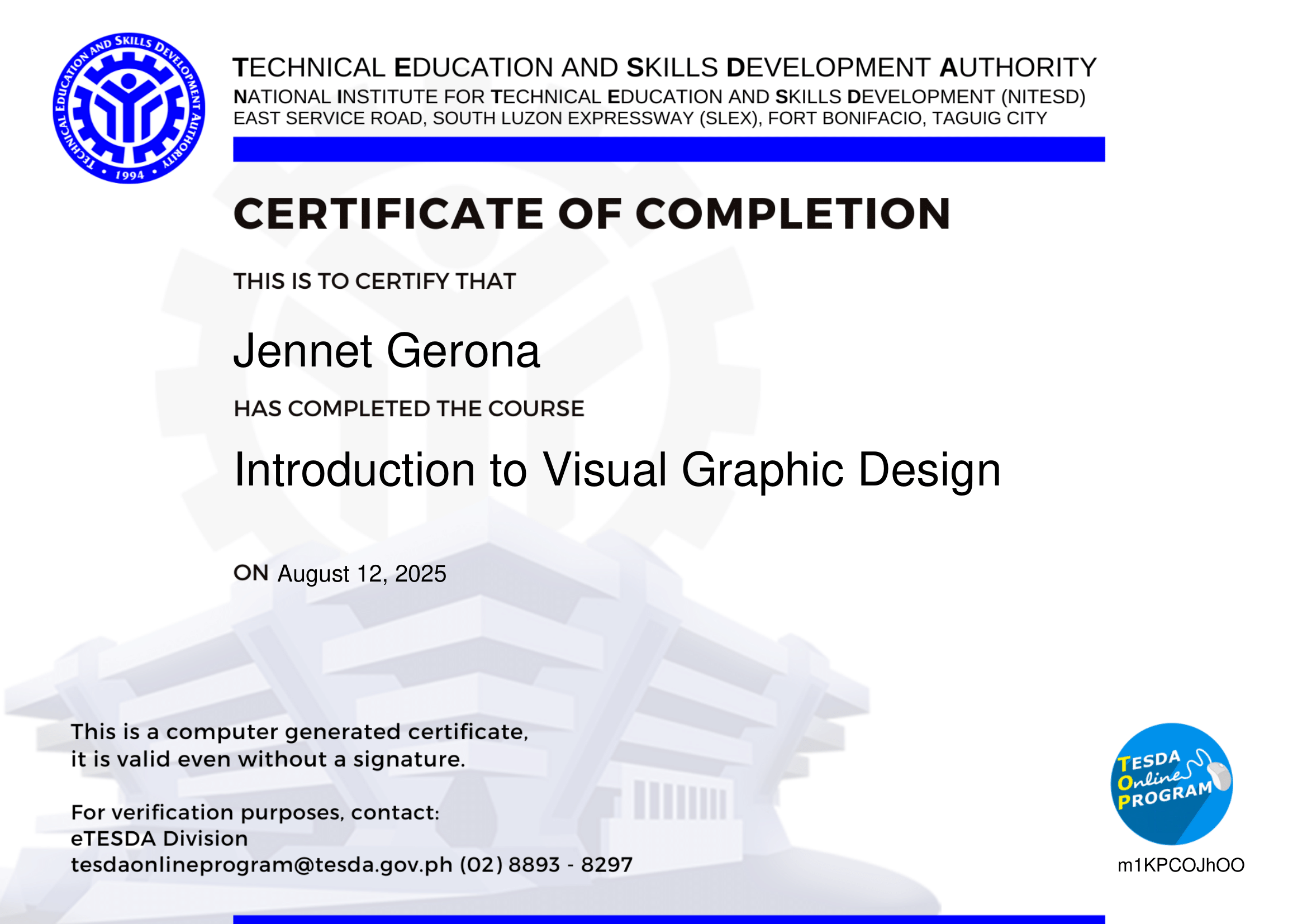 Certificate Introduction to Graphic Design (TESDA)