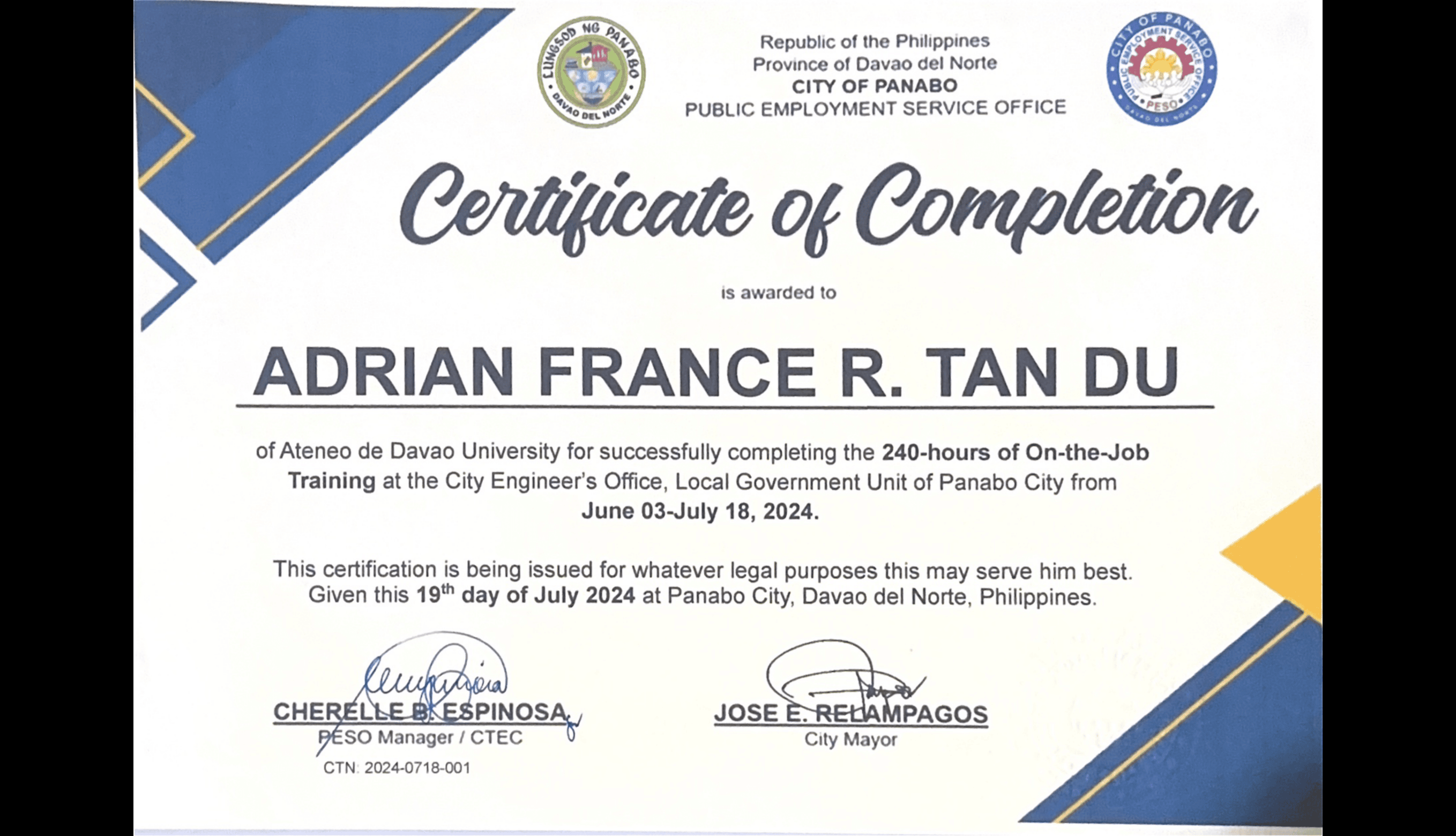 On the Job training Certificate