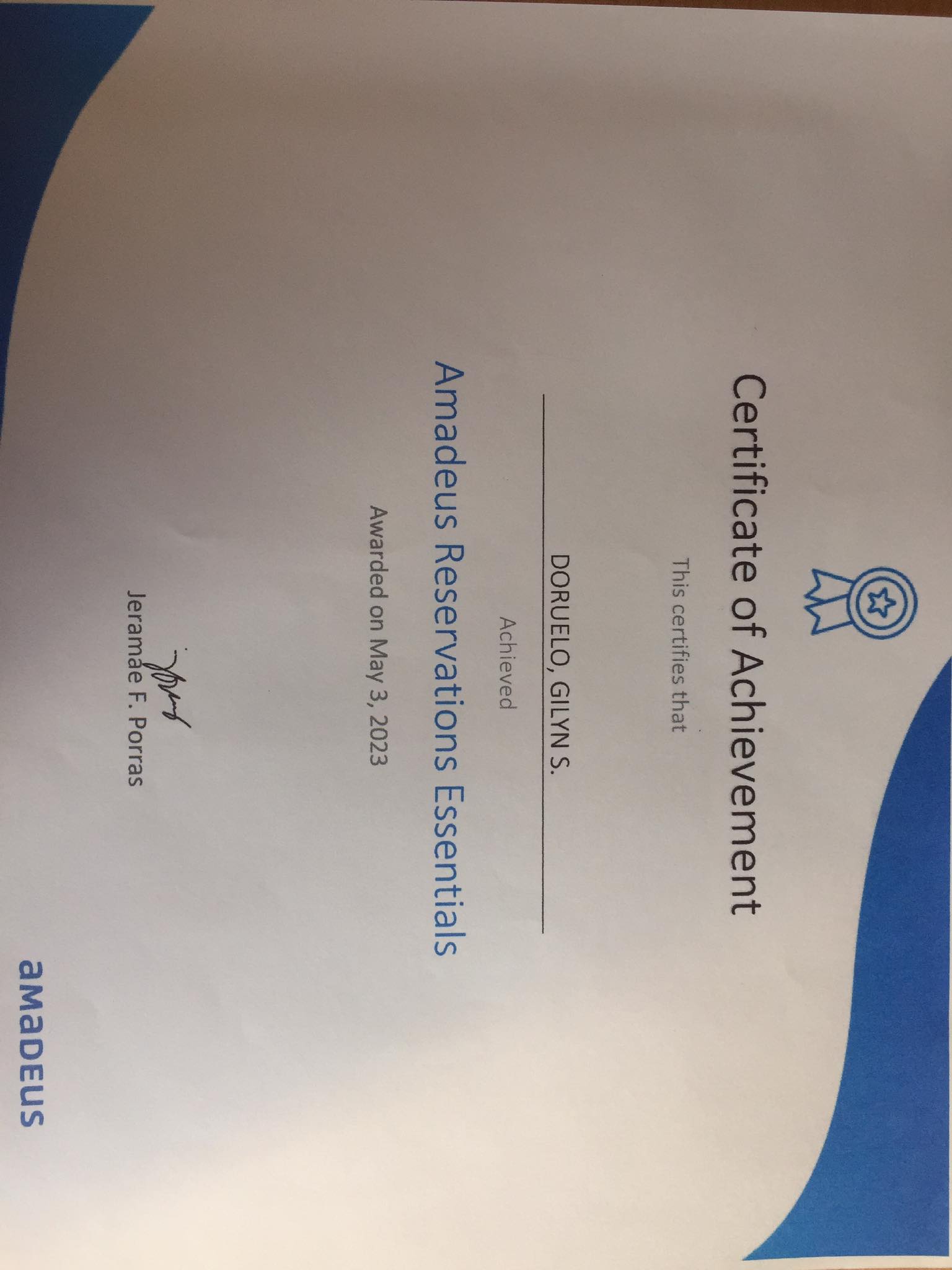 AMADEUS CERTIFICATE