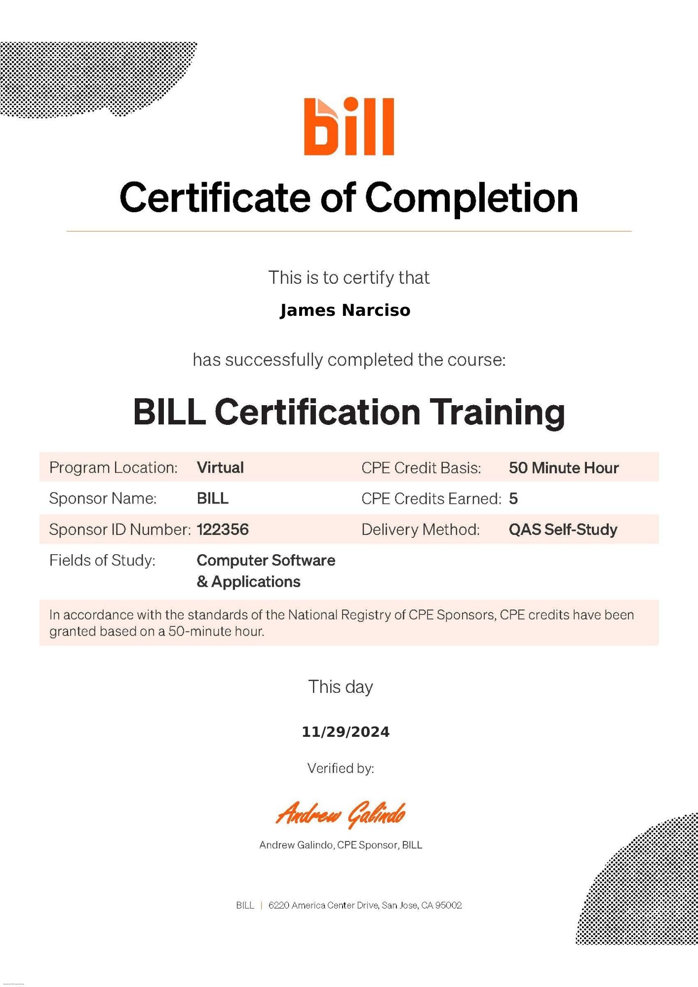 BILL CERTIFICATE