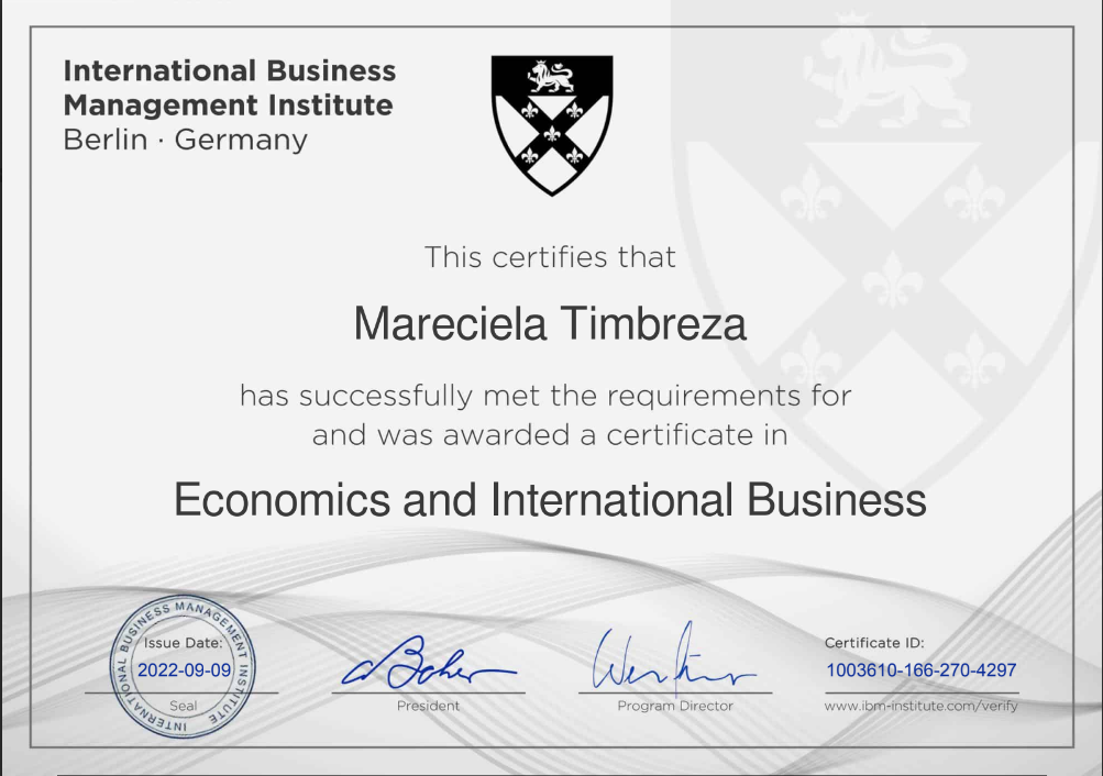 Certificate in Economics & International Business by the International Business Management Institute