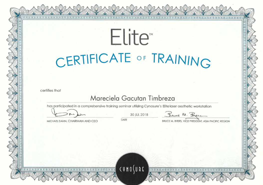 Certificate in Cynosure Elite Aesthetic Workstation