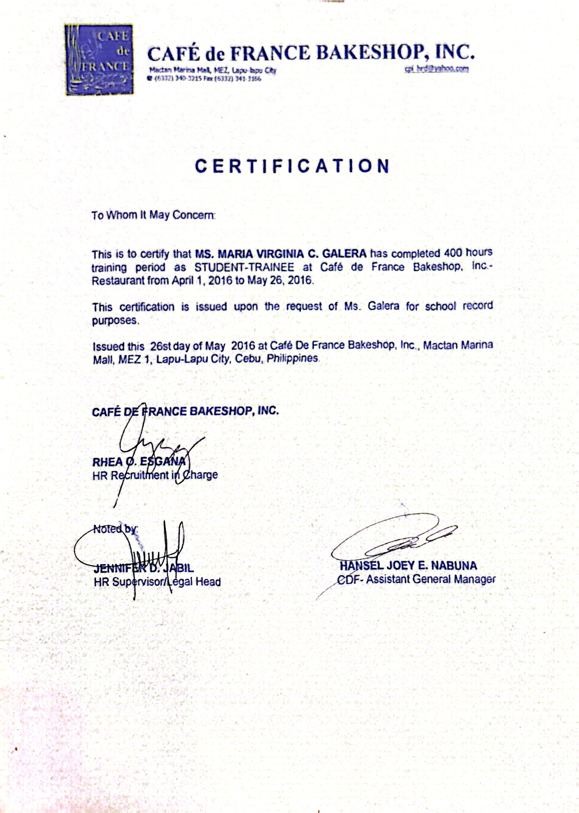 Cafe de France Bakeshop, Inc. OJT Certificate