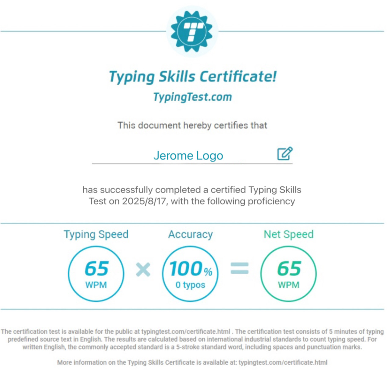 Typing Skills Certificate!