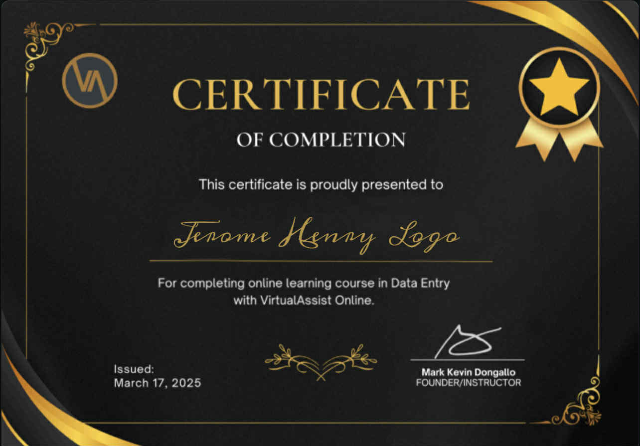 CERTIFICATE OF COMPLETION - DATA ENTRY