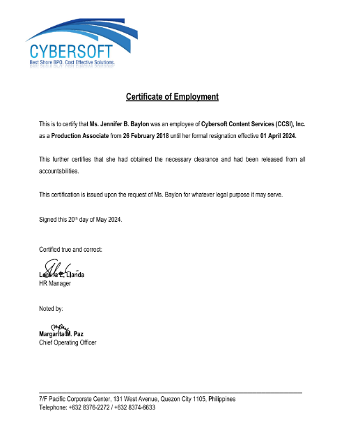 Certificate of Employment
