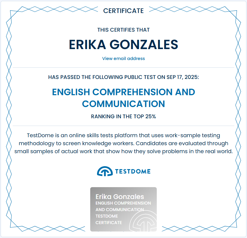 English Comprehension and Communication Testdome Certificate