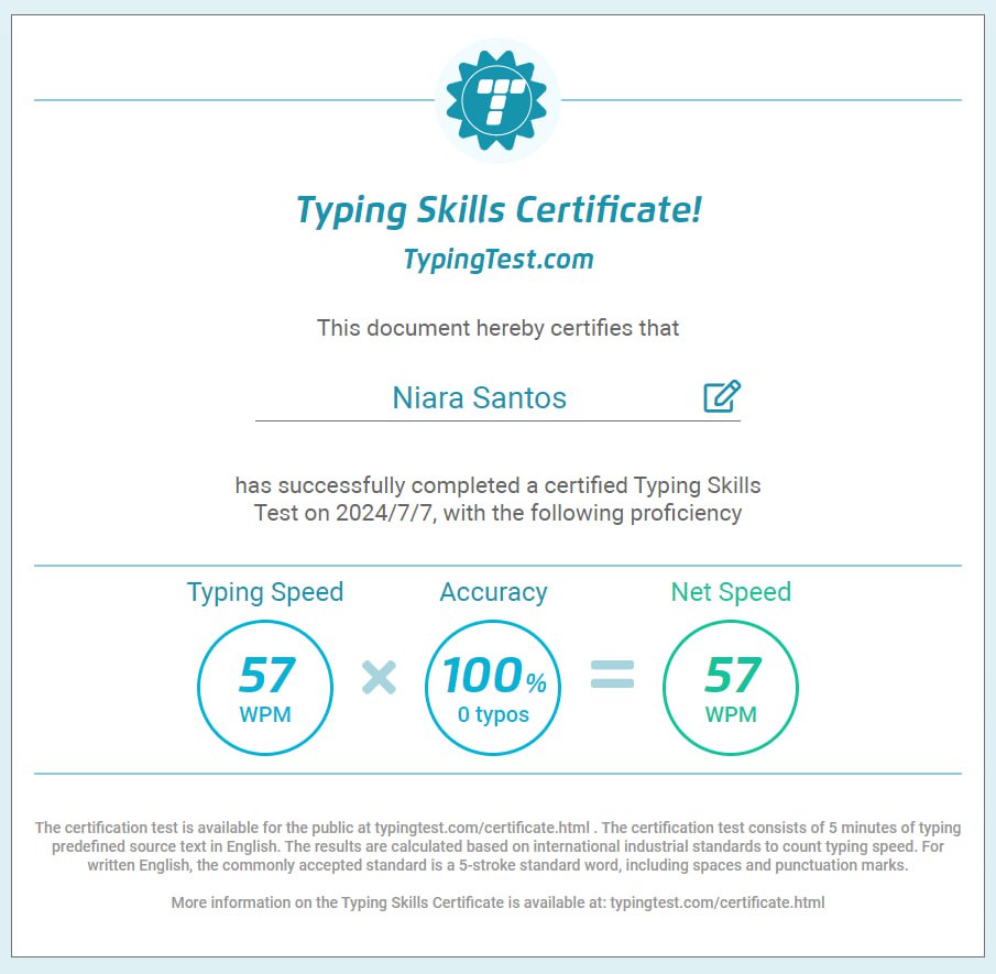 TYPING TEST CERTIFICATE