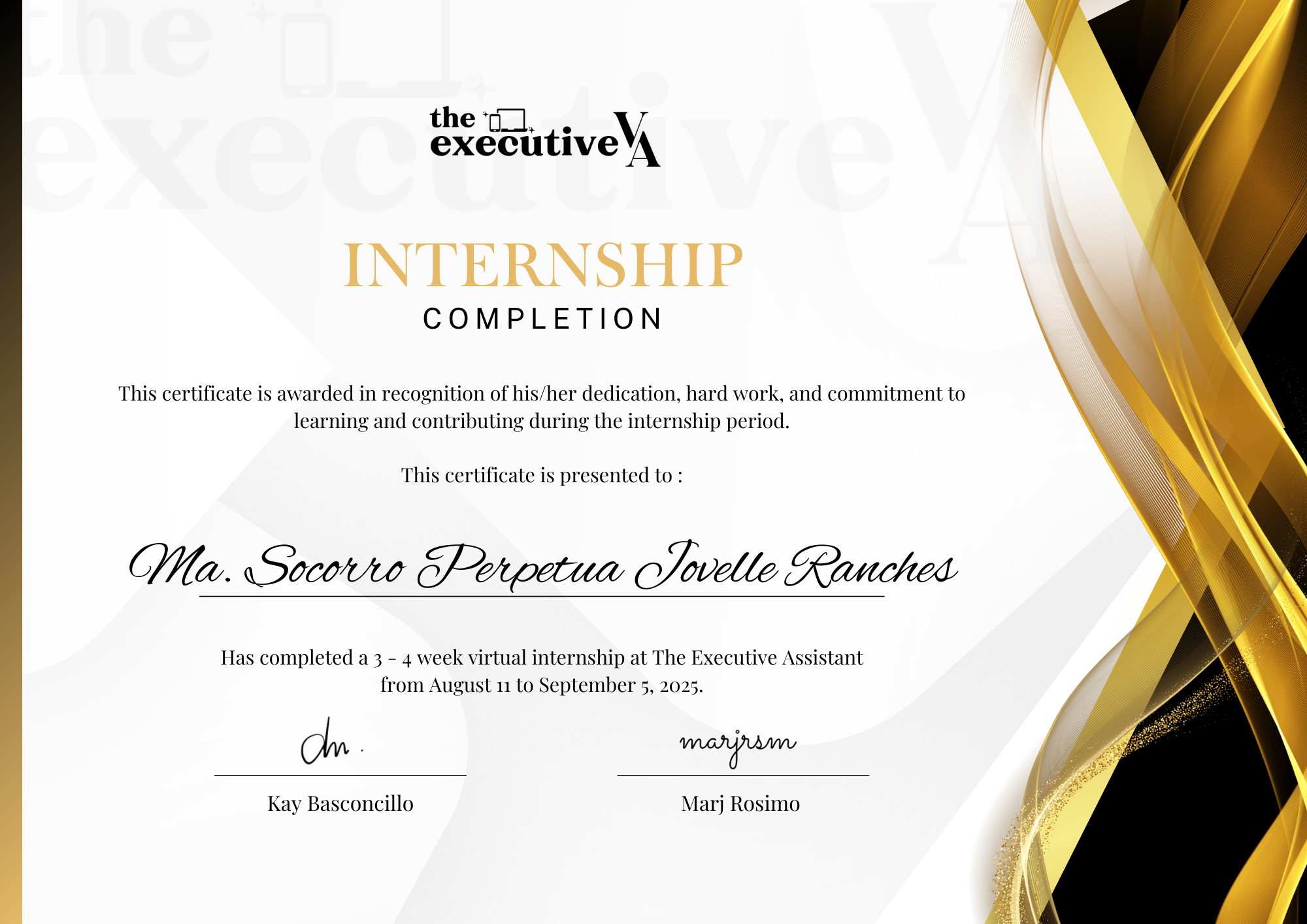 Executive VA Internship Completion