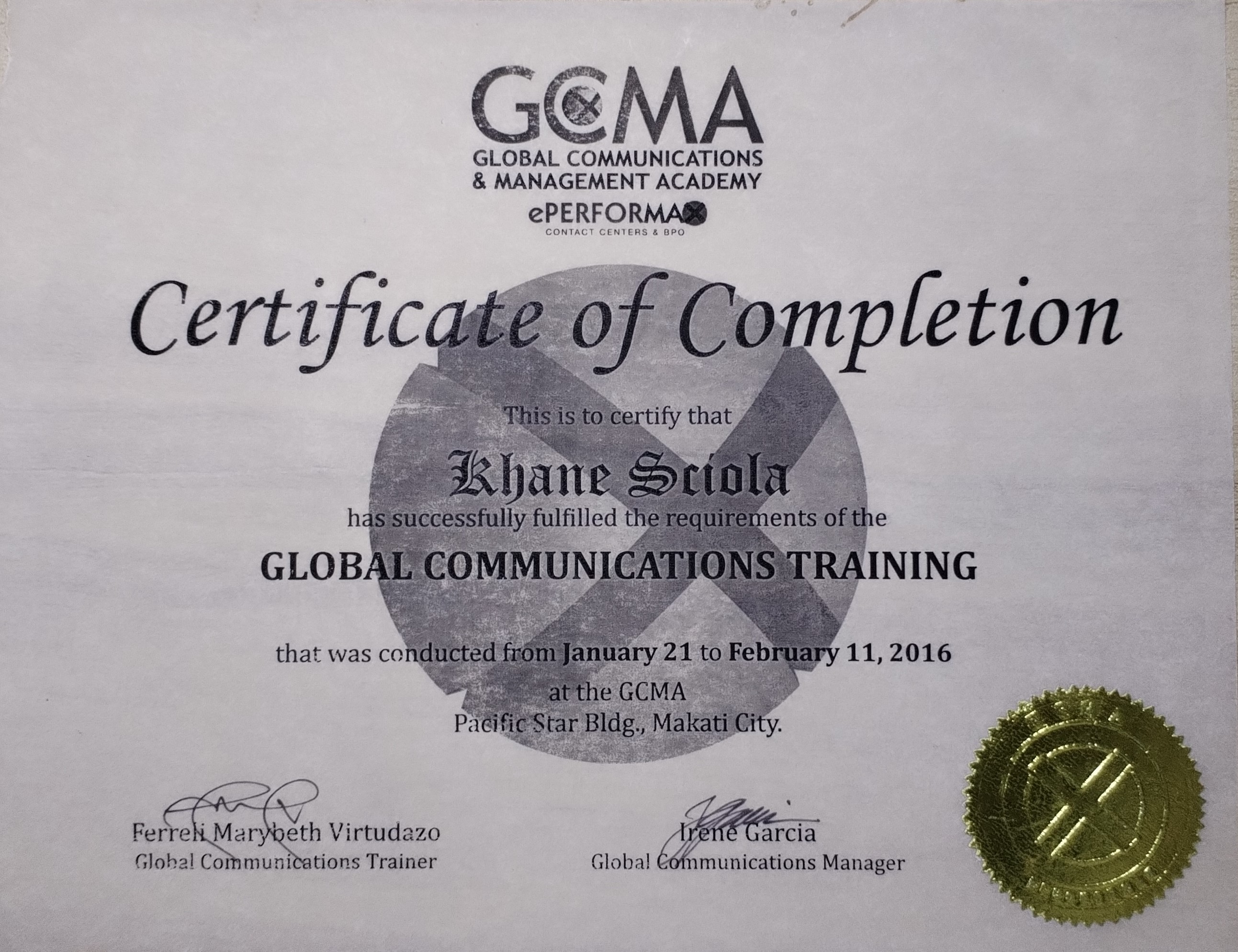 Global Communications Certificate