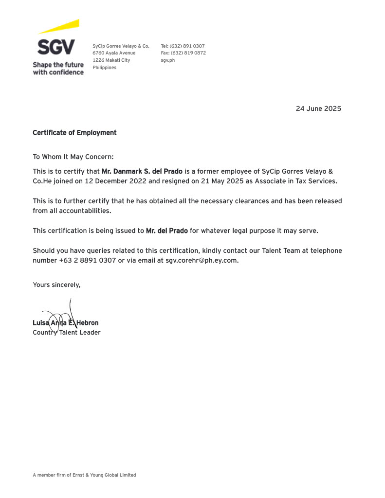 Certificate of Employment as Tax Associate