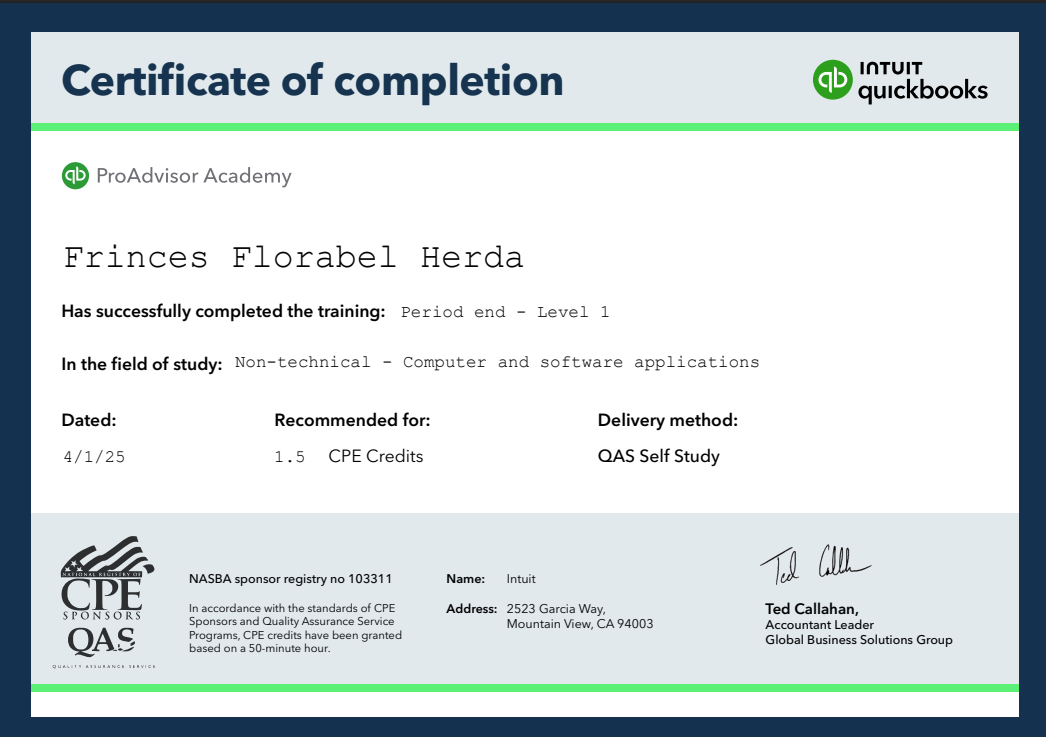 Quickbooks - Period End Certificate 2025