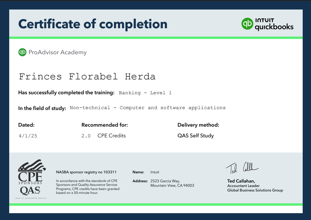 Quuickbooks - Banking  Certificate 2025