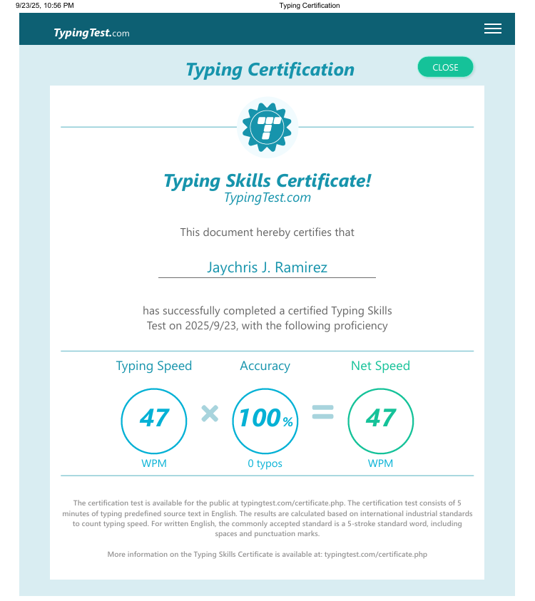Typing Skills Certificate