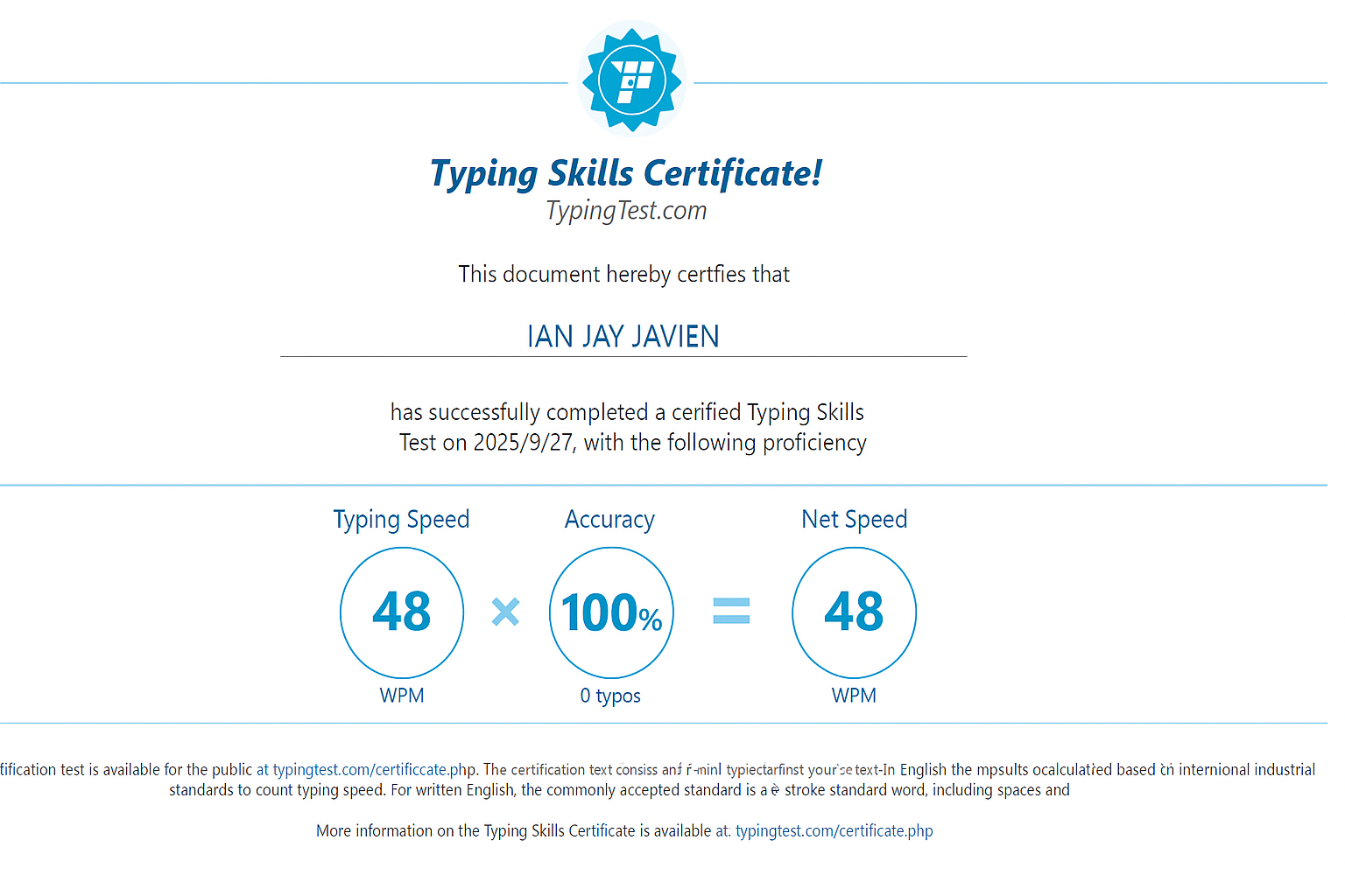 TYPING CERTIFICATION