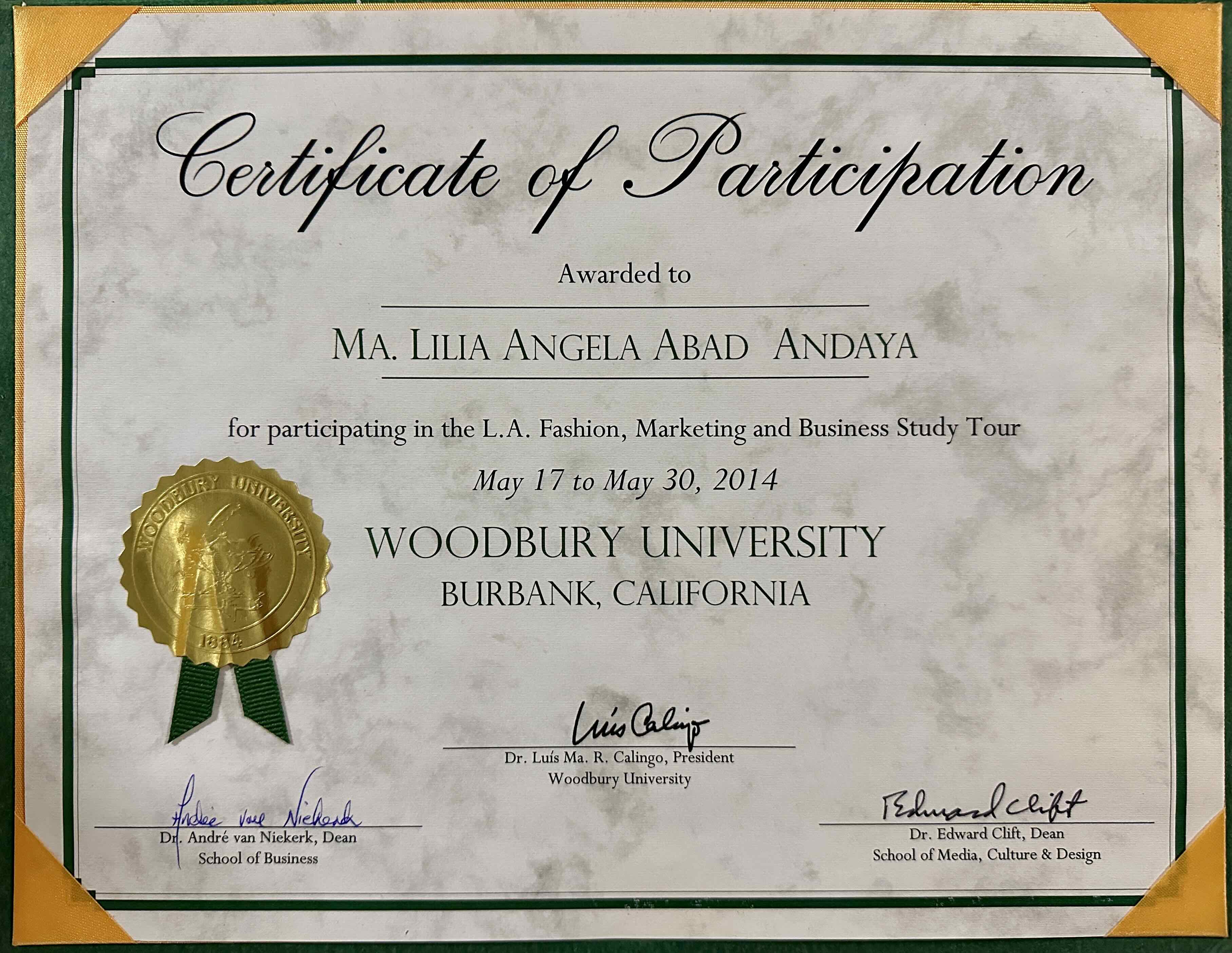 L.A. Fashion, Marketing and Business Study Tour Certificate