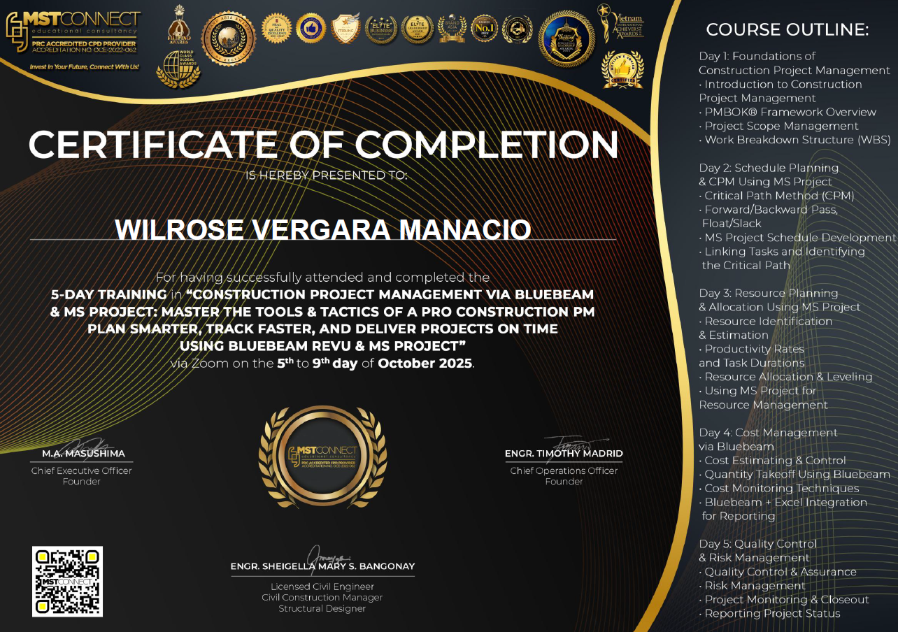 Project Management using MS Project and Bluebeam