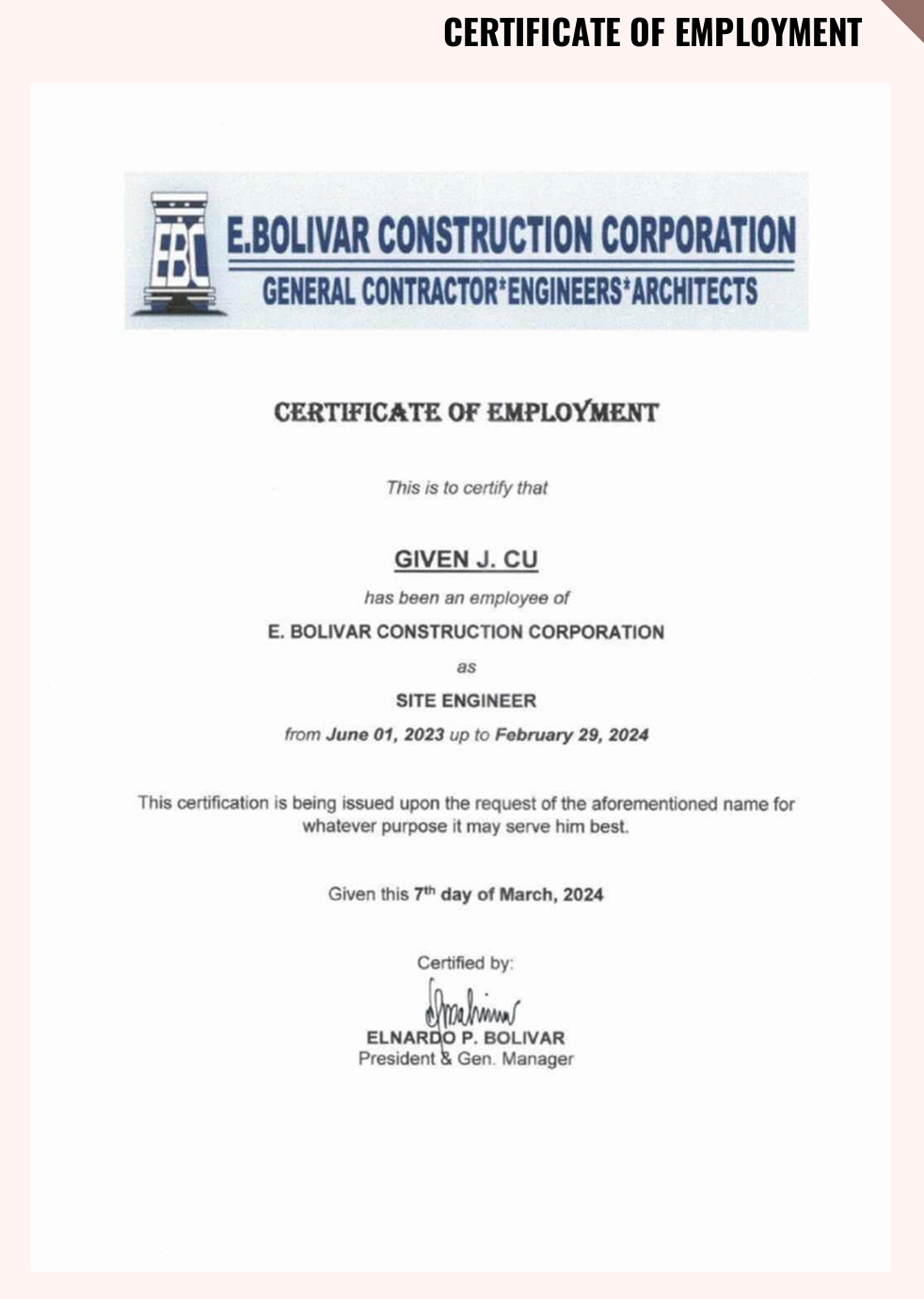 Certificate of Employment