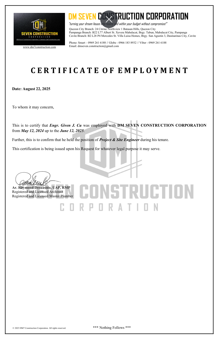 Certificate of Employment DM7