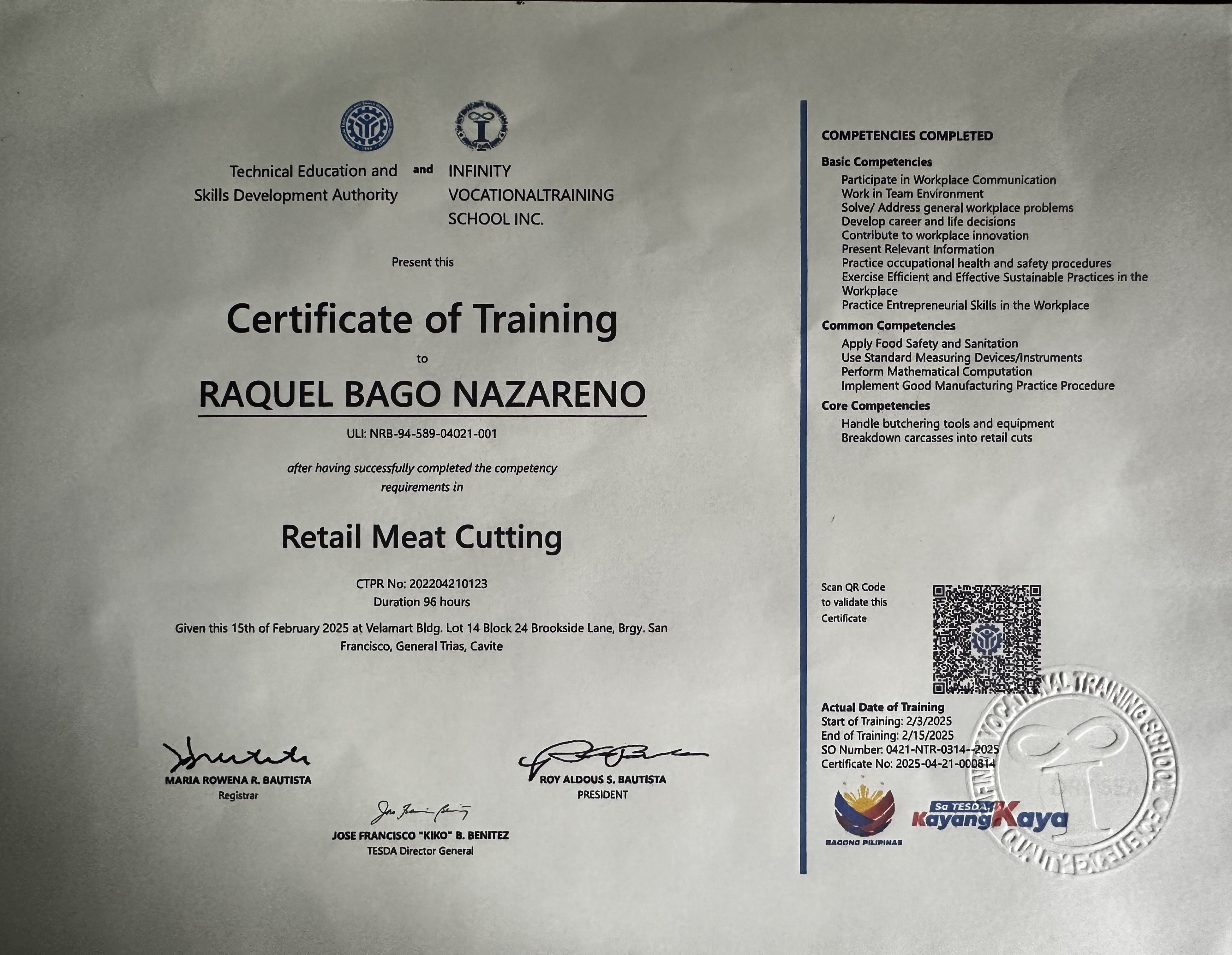 retail meat cutting TESDA