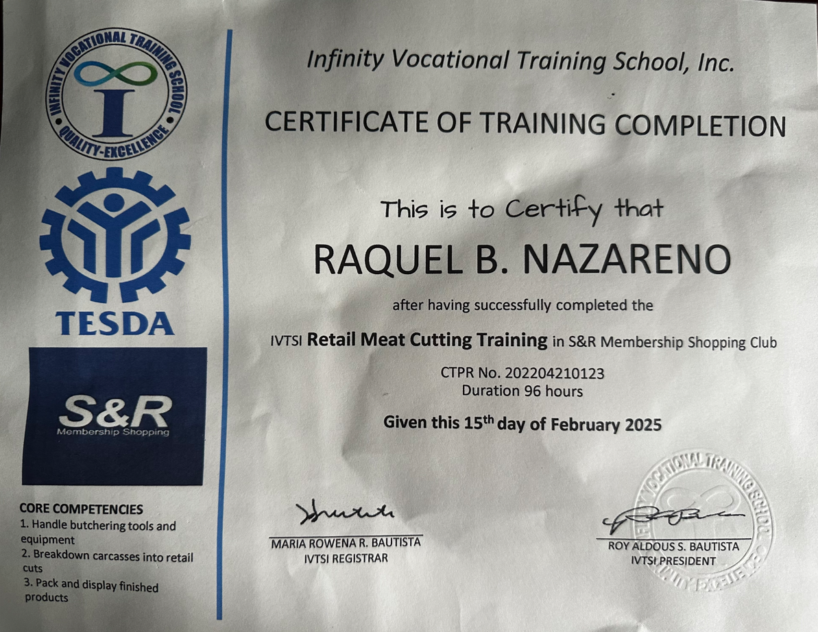 Retail meat cutting Training Certificate