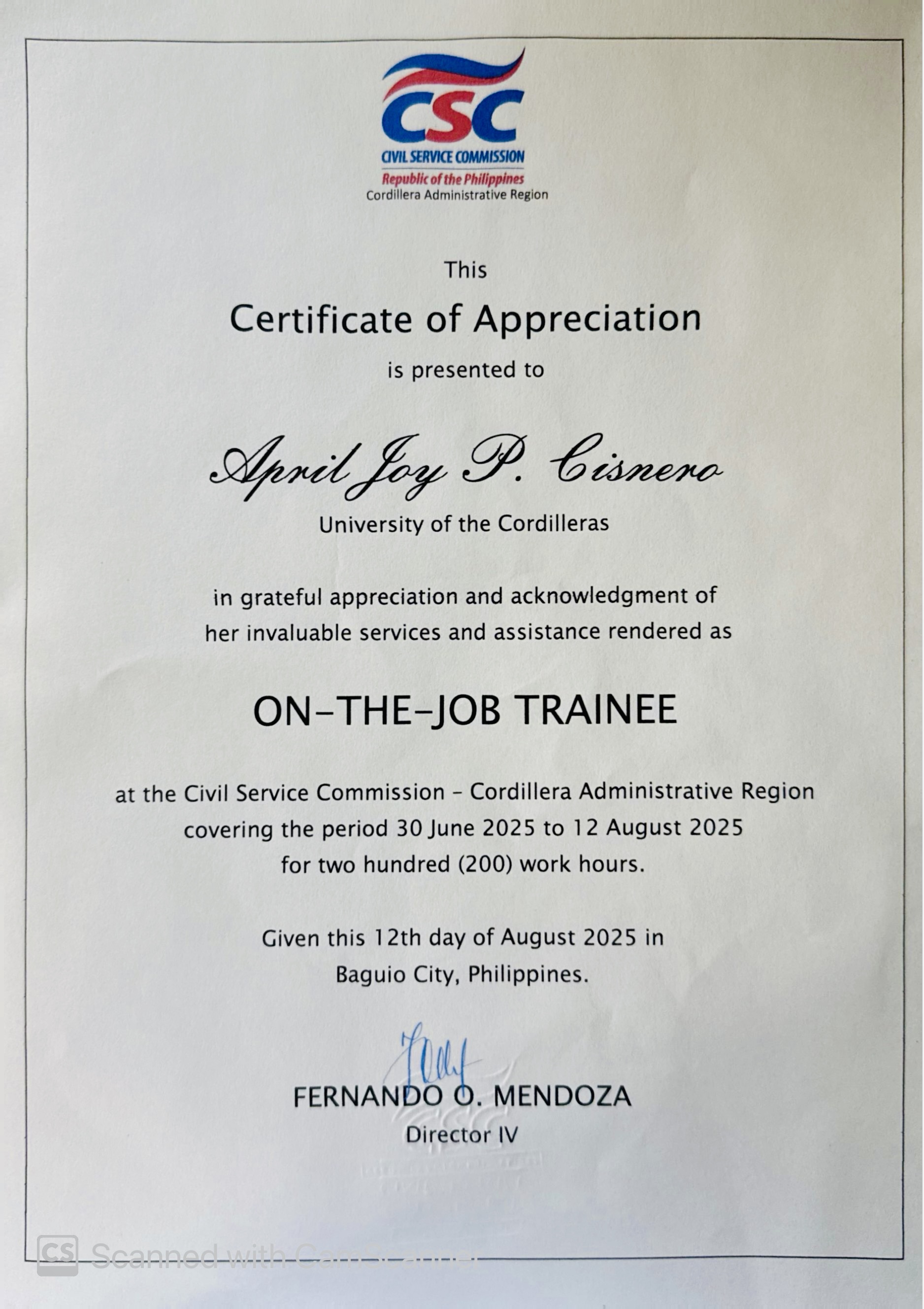 Civil Service Commission Certificate of Completion – Intern