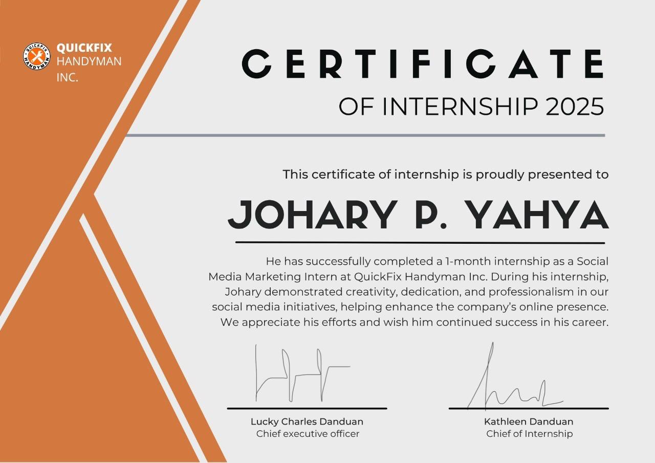 Certificate of Internship Quick Fix Handyman Inc.