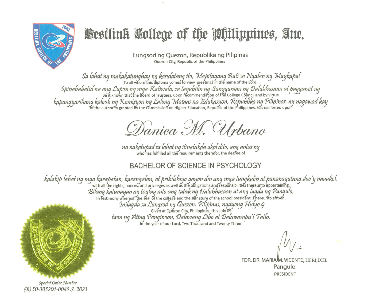 Diploma Bachelor of Science in Psychology