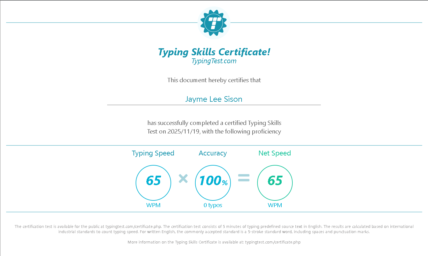 Typing Test Certificate