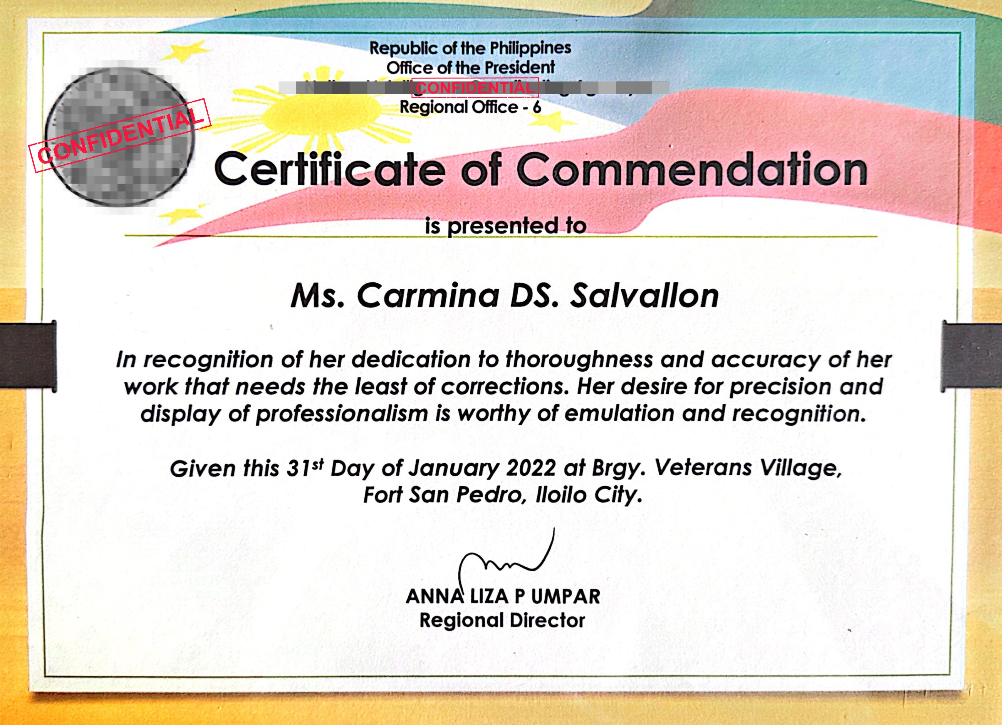 Certificate of Commendation Commendation for Outstanding Dedication, Thoroughness, and High-Quality Work, awarded by previous employer