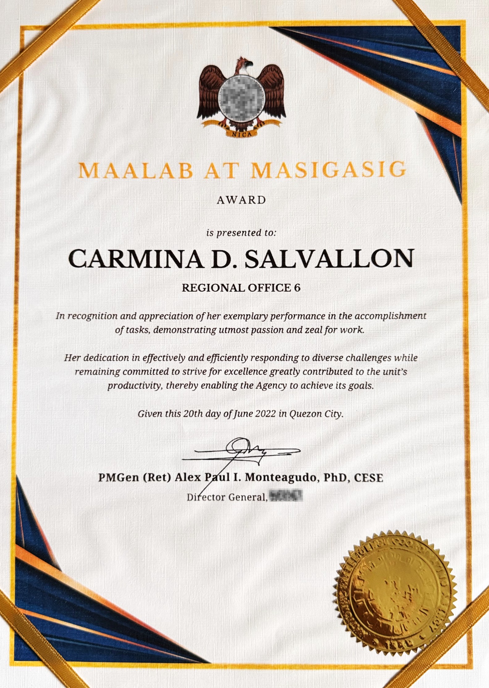 •	Passionate and Dedicated Award (Maalab at Masigasig Award),  conferred by precious employer