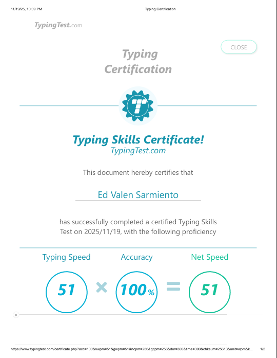 Typing Certificate